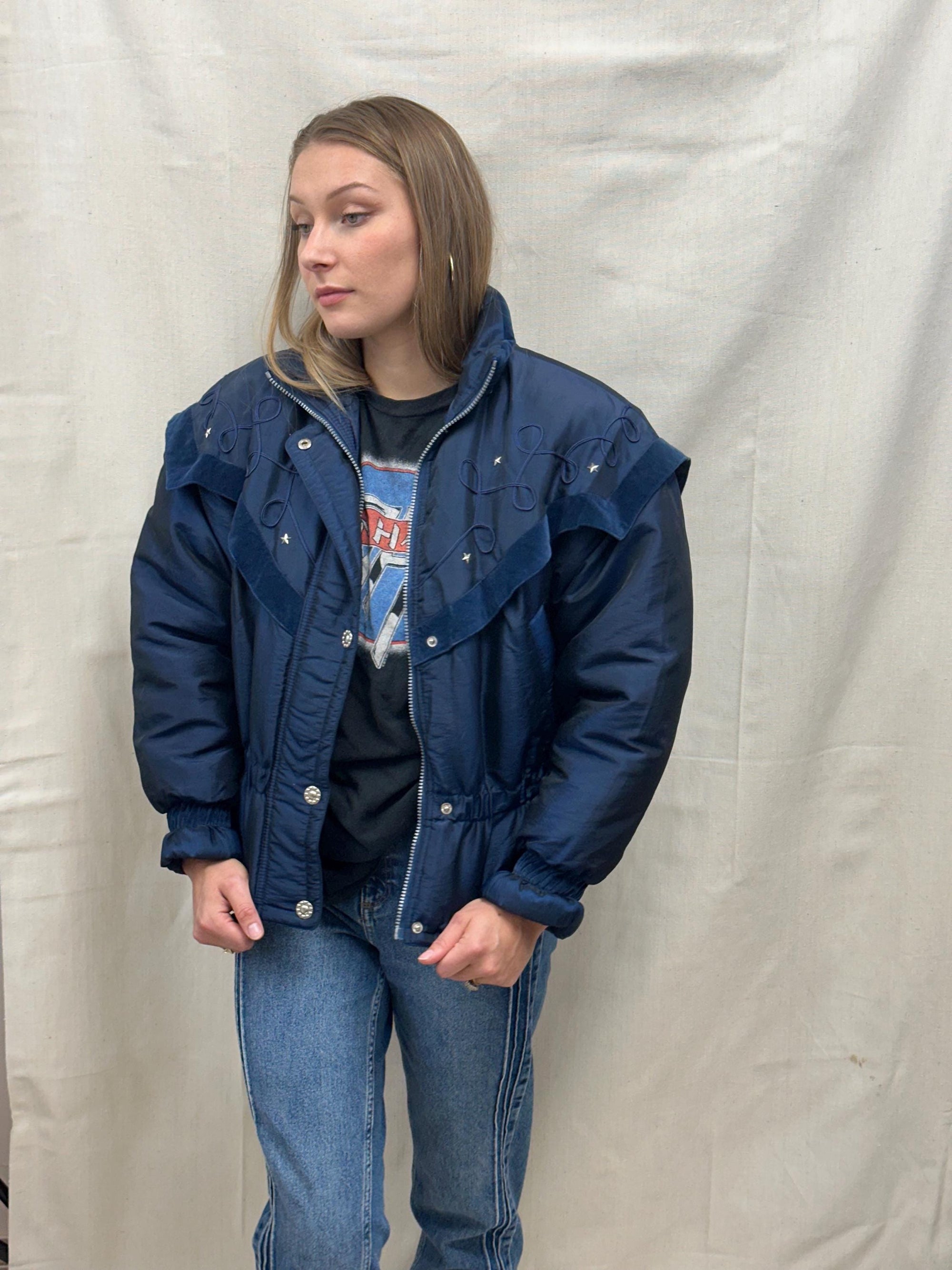 Vintage 80s Navy Star Studded Ski Jacket