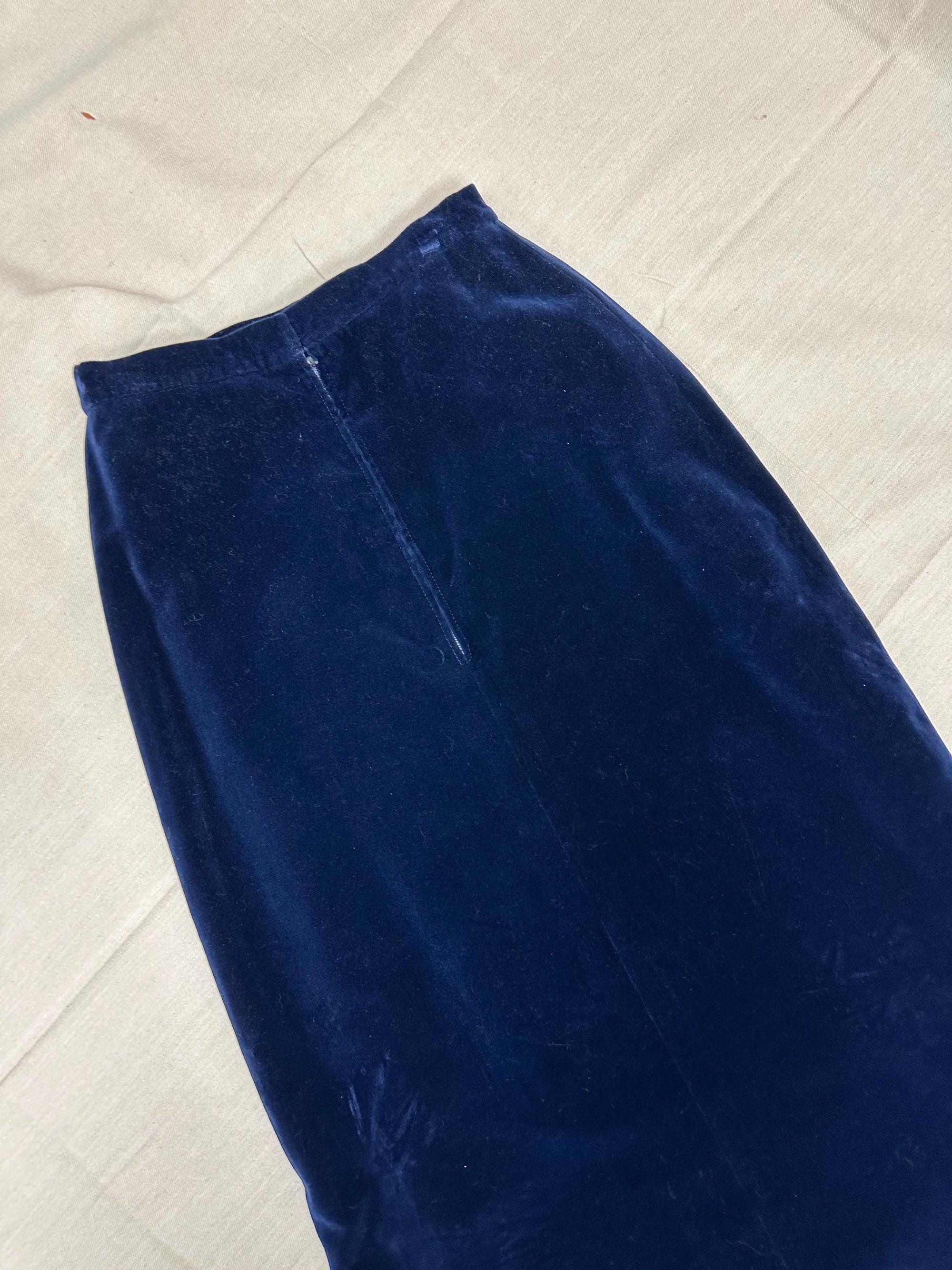 Vintage 60s Blue Velvet Handmade Long Maxi Skirt | Size Small | Zipper Closure