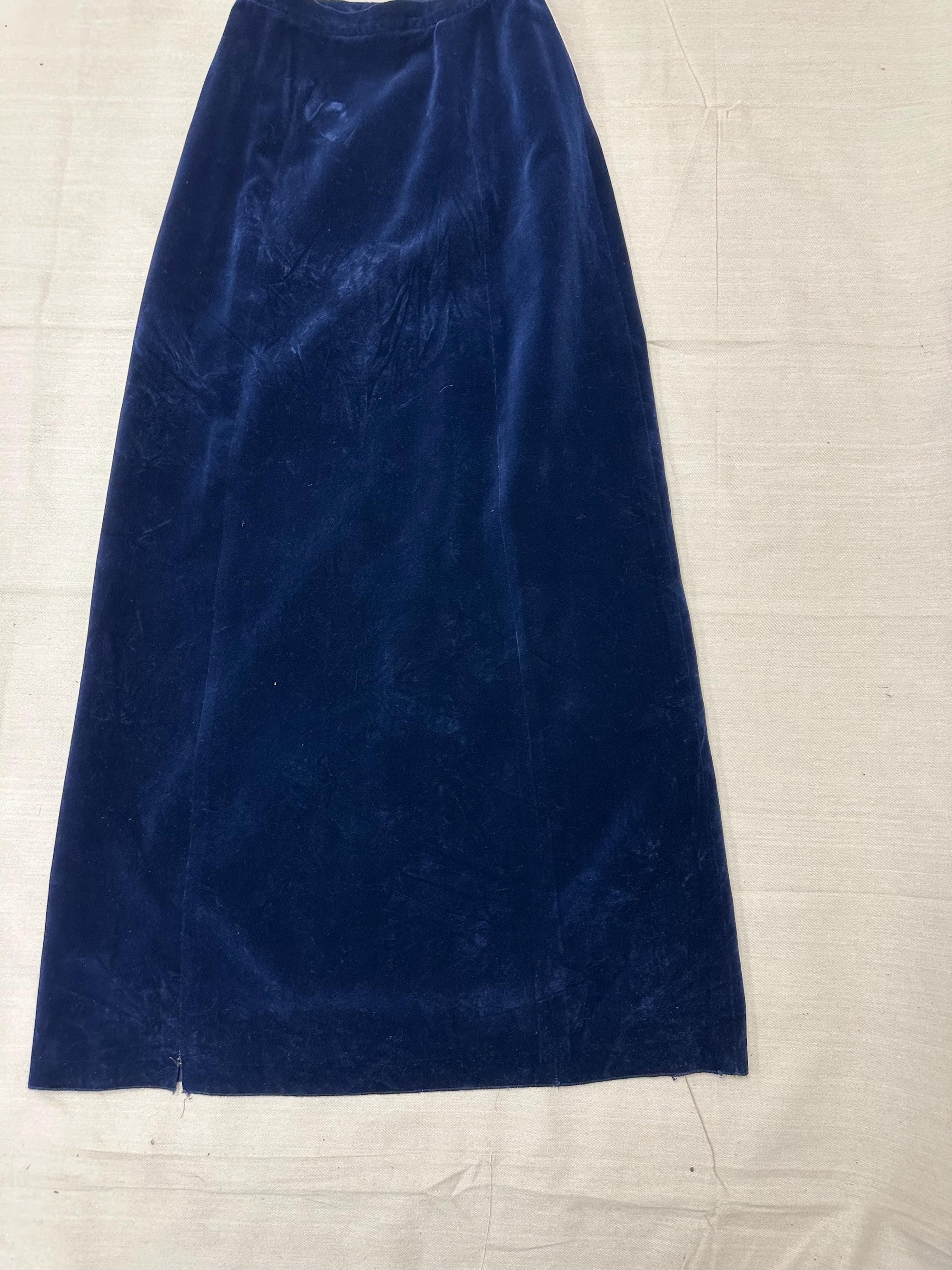 Vintage 60s Blue Velvet Handmade Long Maxi Skirt | Size Small | Zipper Closure