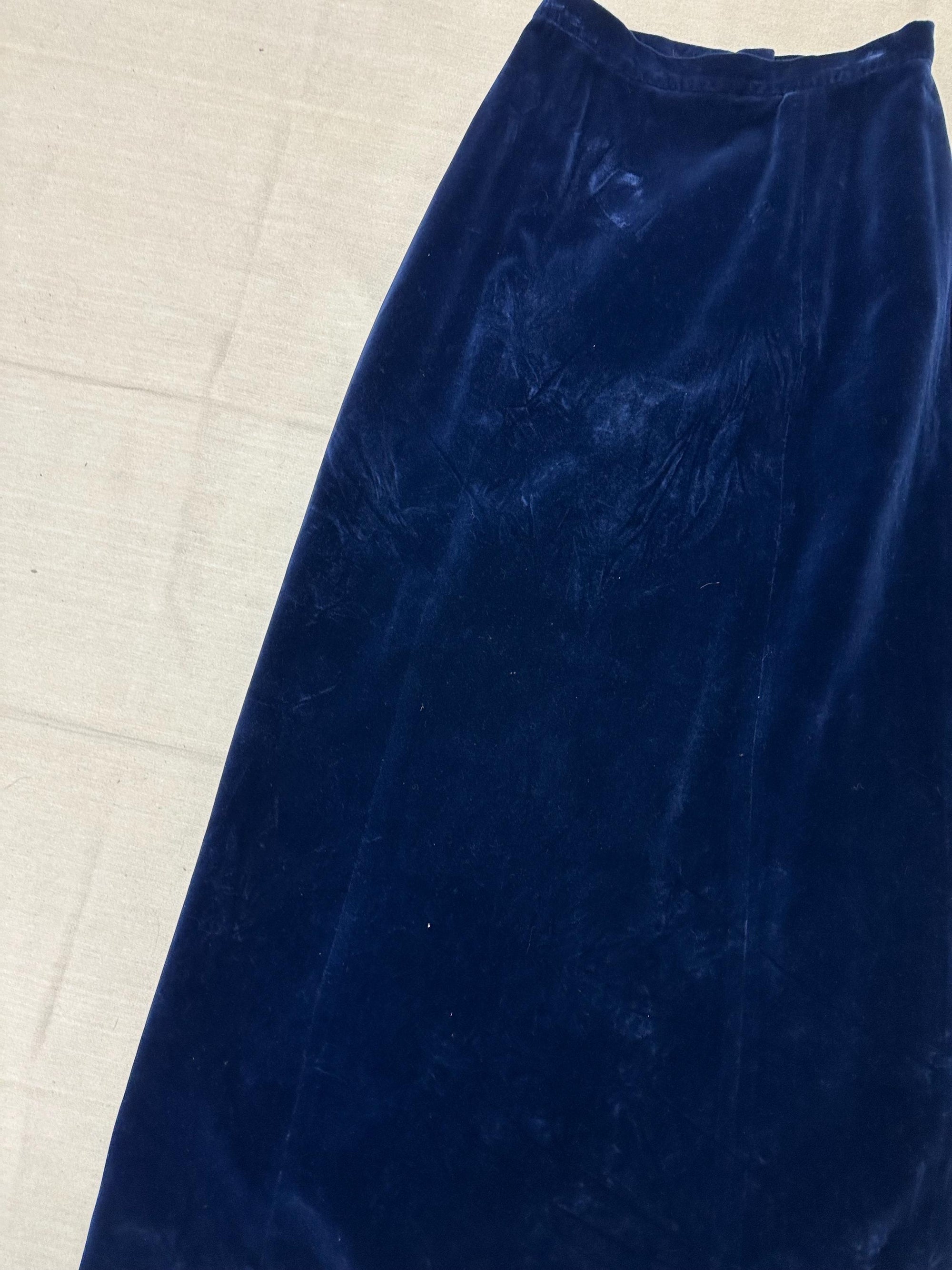 Vintage 60s Blue Velvet Handmade Long Maxi Skirt | Size Small | Zipper Closure