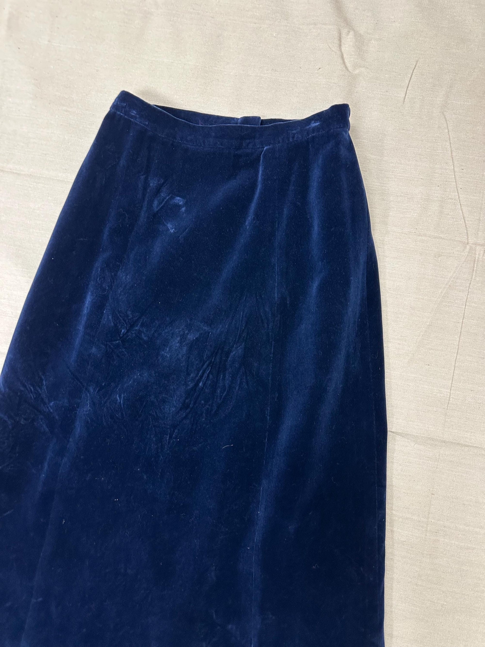 Vintage 60s Blue Velvet Handmade Long Maxi Skirt | Size Small | Zipper Closure