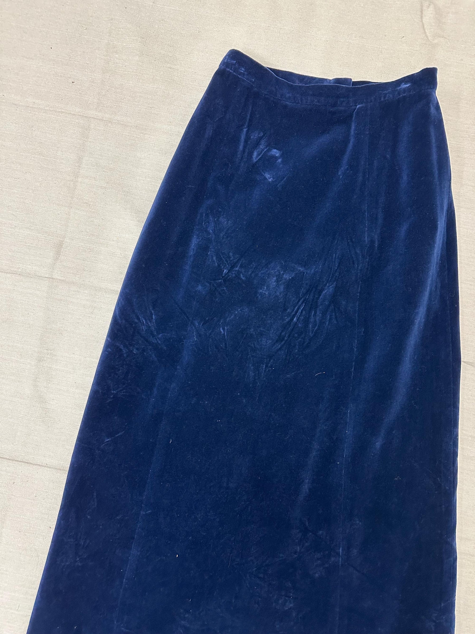 Vintage 60s Blue Velvet Handmade Long Maxi Skirt | Size Small | Zipper Closure