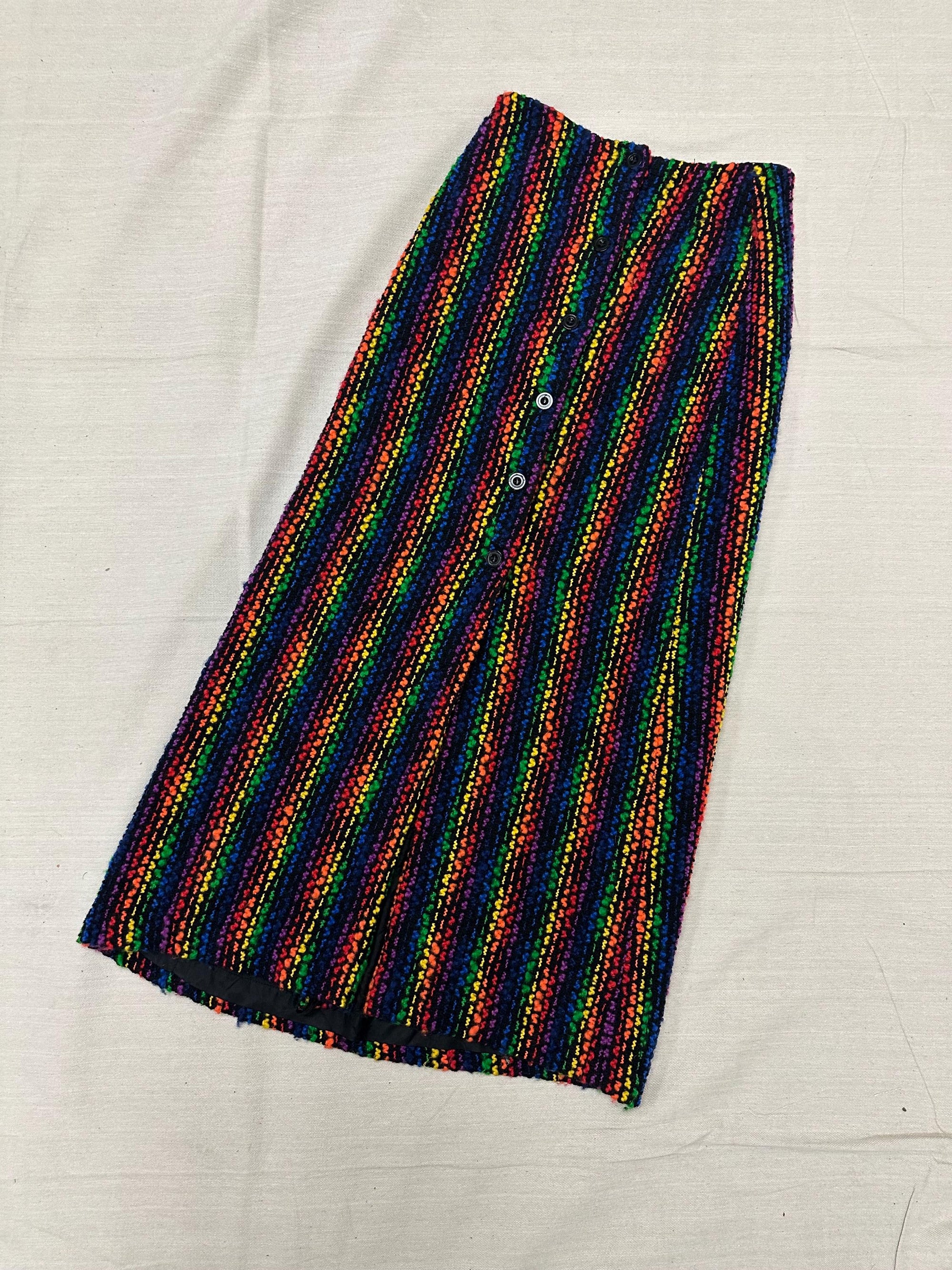 Vintage 70s Rainbow Colorful 100% Laine Wool High Waisted Button Up Maxi Skirt | Size Womens 8