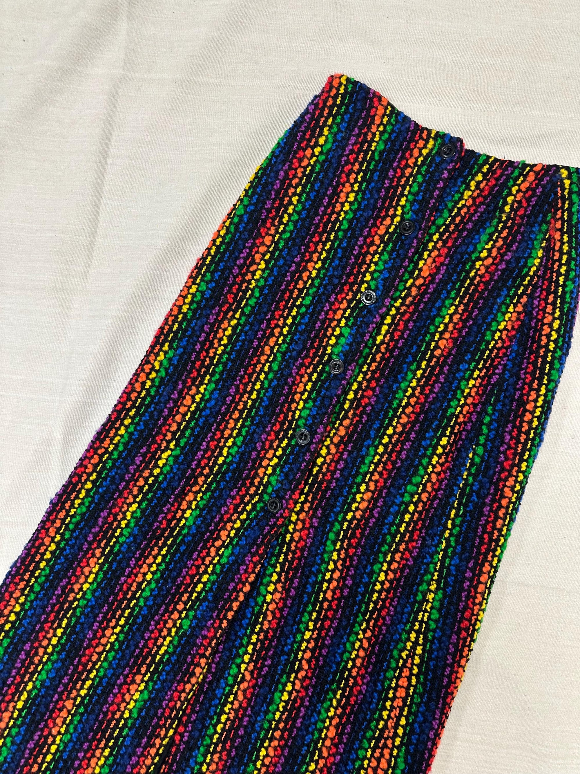 Vintage 70s Rainbow Colorful 100% Laine Wool High Waisted Button Up Maxi Skirt | Size Womens 8