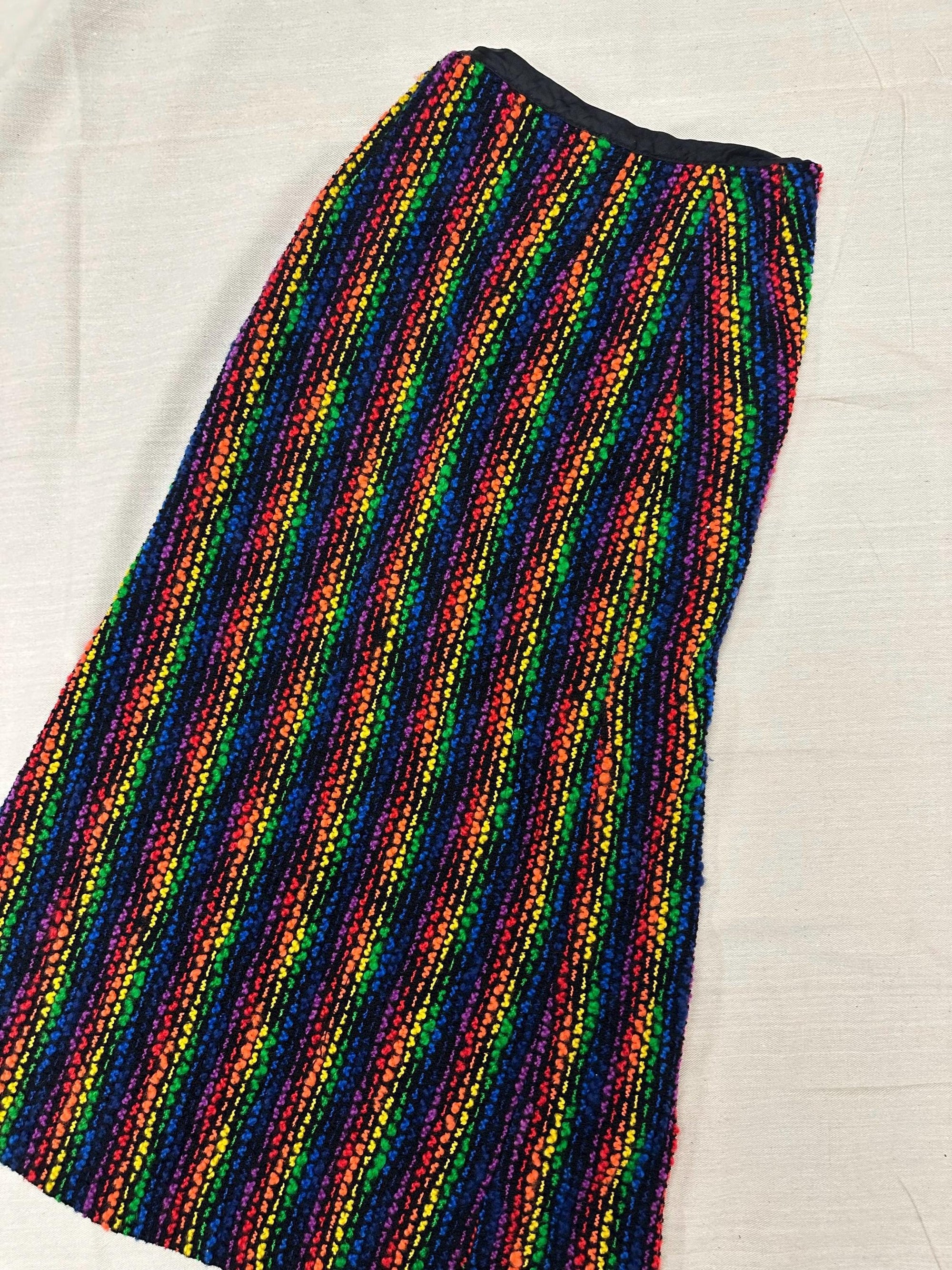 Vintage 70s Rainbow Colorful 100% Laine Wool High Waisted Button Up Maxi Skirt | Size Womens 8