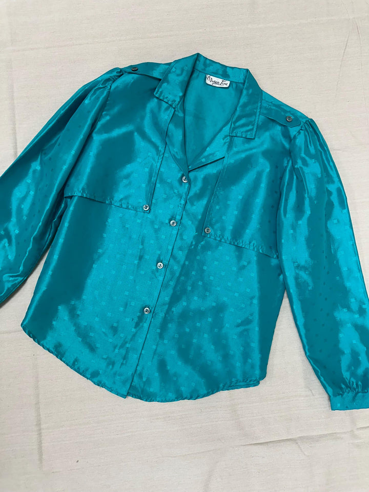 Vintage 80s Shiny Teal Button Up Shirt | Size Medium