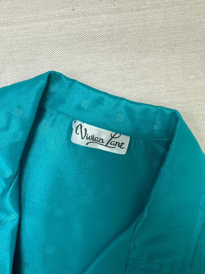 Vintage 80s Shiny Teal Button Up Shirt | Size Medium