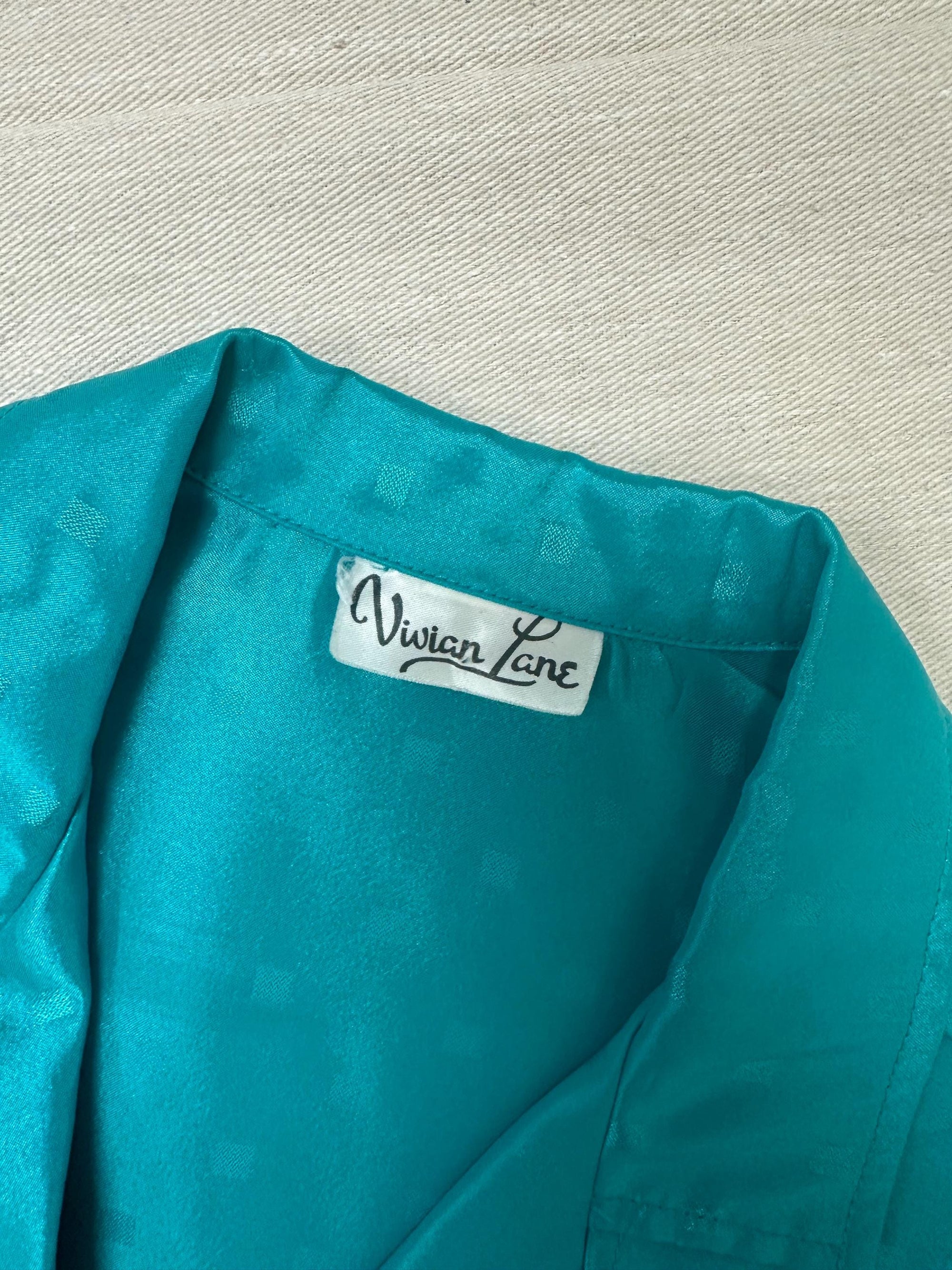Vintage 80s Shiny Teal Button Up Shirt | Size Medium