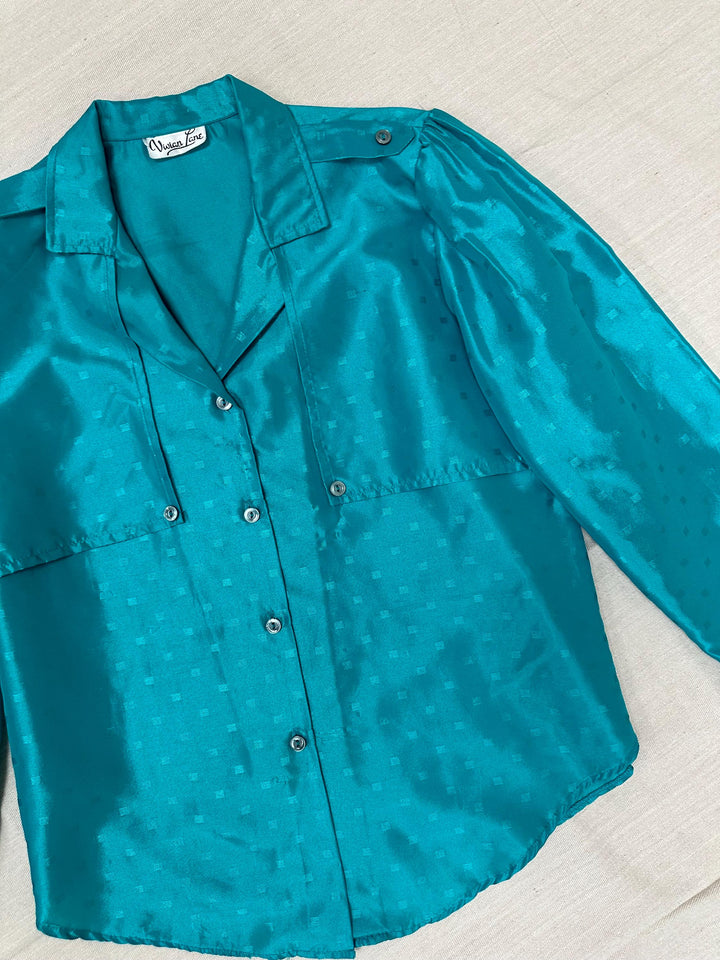 Vintage 80s Shiny Teal Button Up Shirt | Size Medium