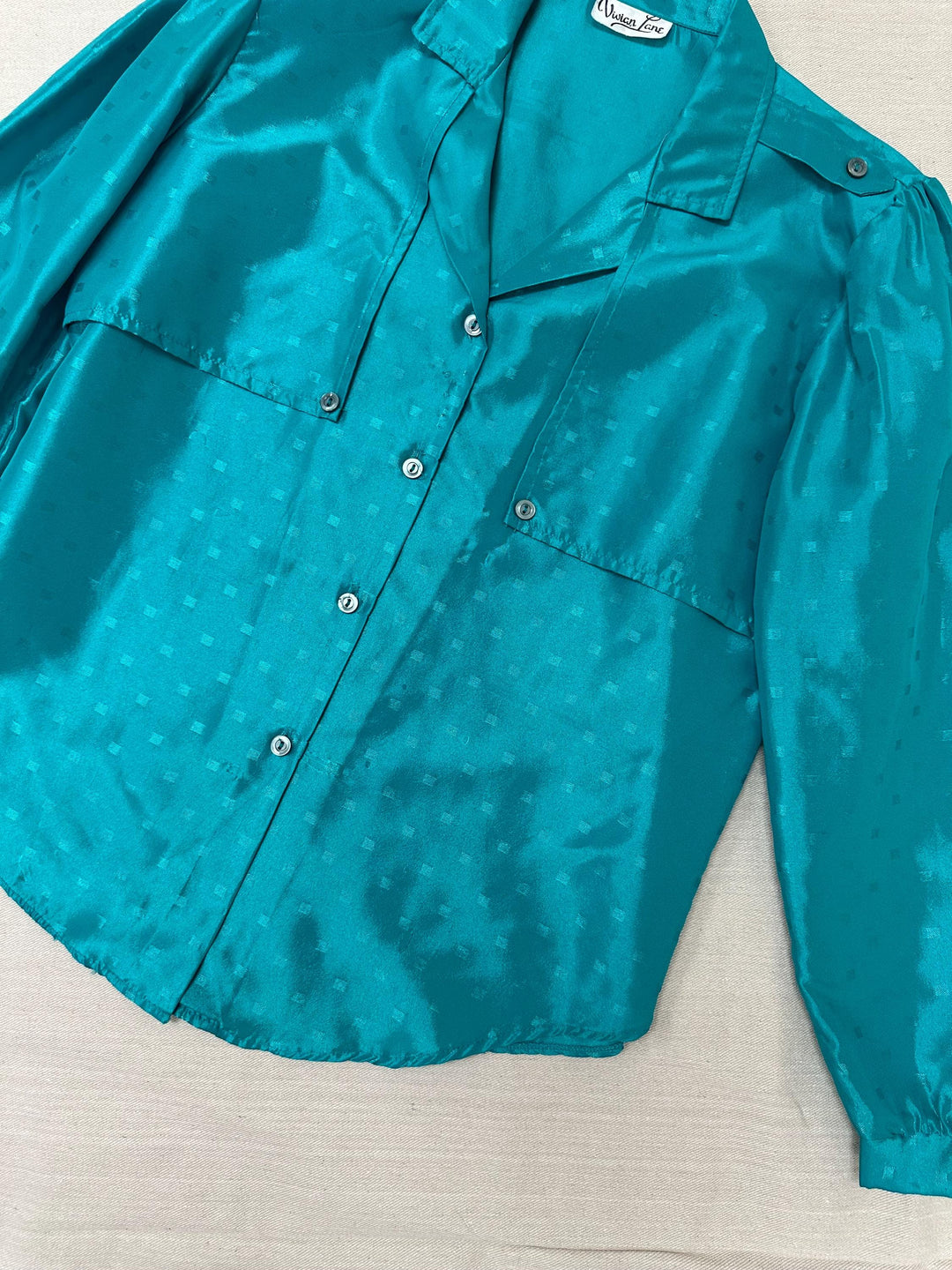 Vintage 80s Shiny Teal Button Up Shirt | Size Medium