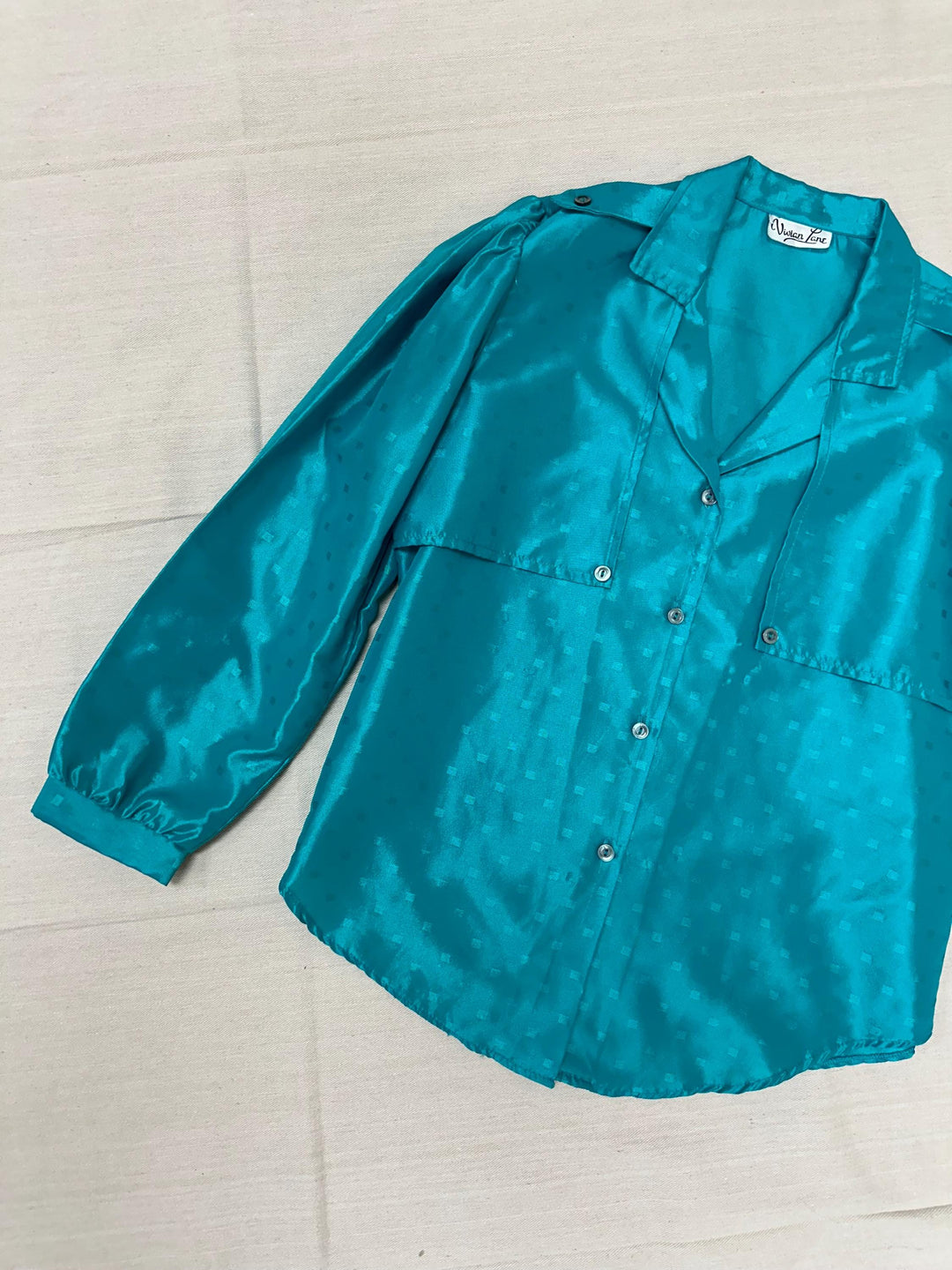 Vintage 80s Shiny Teal Button Up Shirt | Size Medium