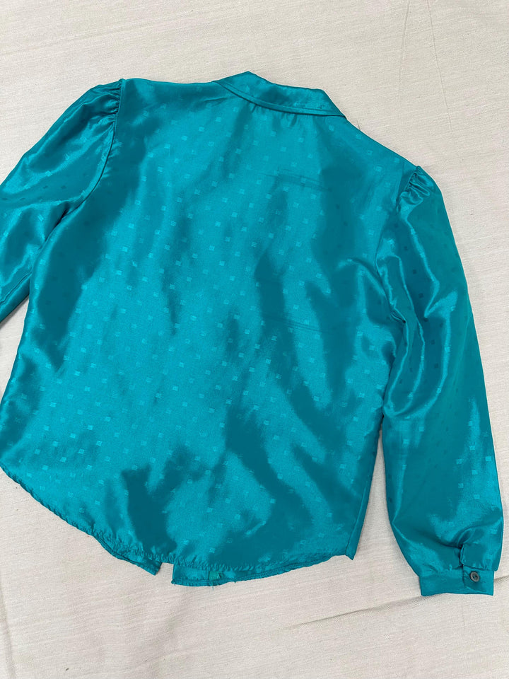 Vintage 80s Shiny Teal Button Up Shirt | Size Medium
