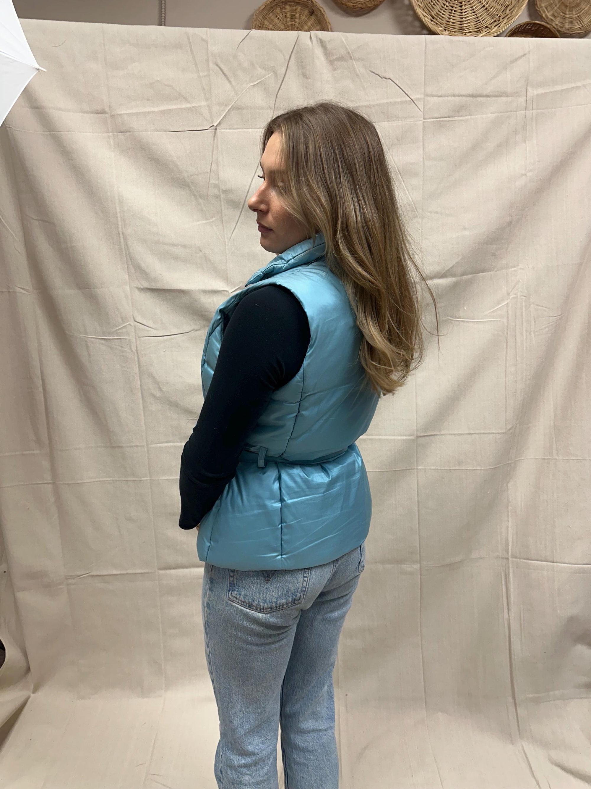 Vintage Merona Baby Blue Shimmer Puffer Vest Fitted Tie Waist High Neck Outerwear | Size Large