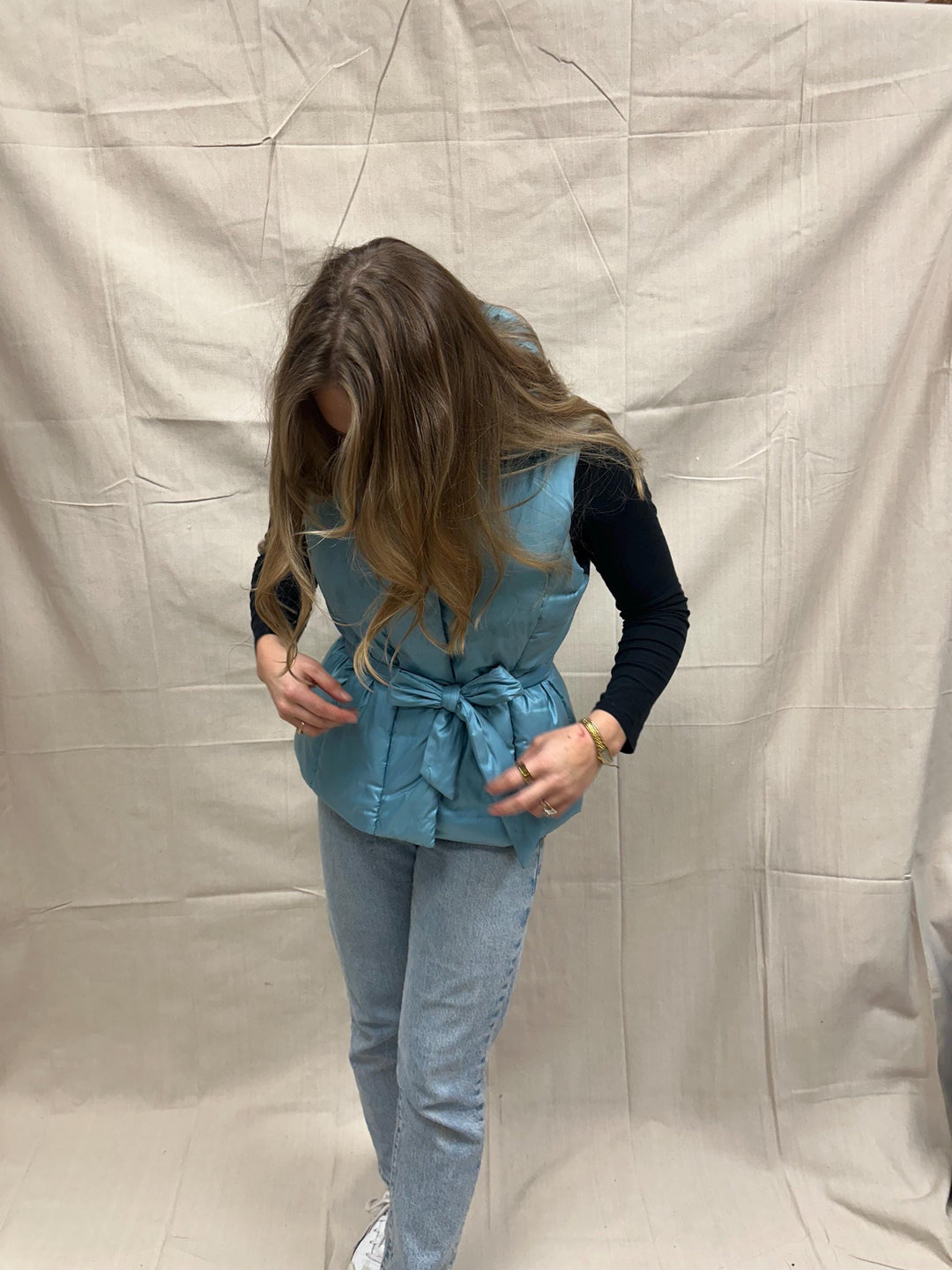 Vintage Merona Baby Blue Shimmer Puffer Vest Fitted Tie Waist High Neck Outerwear | Size Large