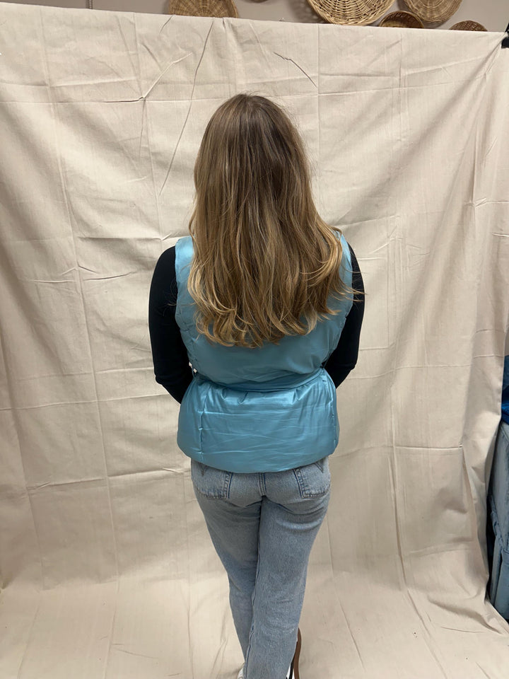 Vintage Merona Baby Blue Shimmer Puffer Vest Fitted Tie Waist High Neck Outerwear | Size Large