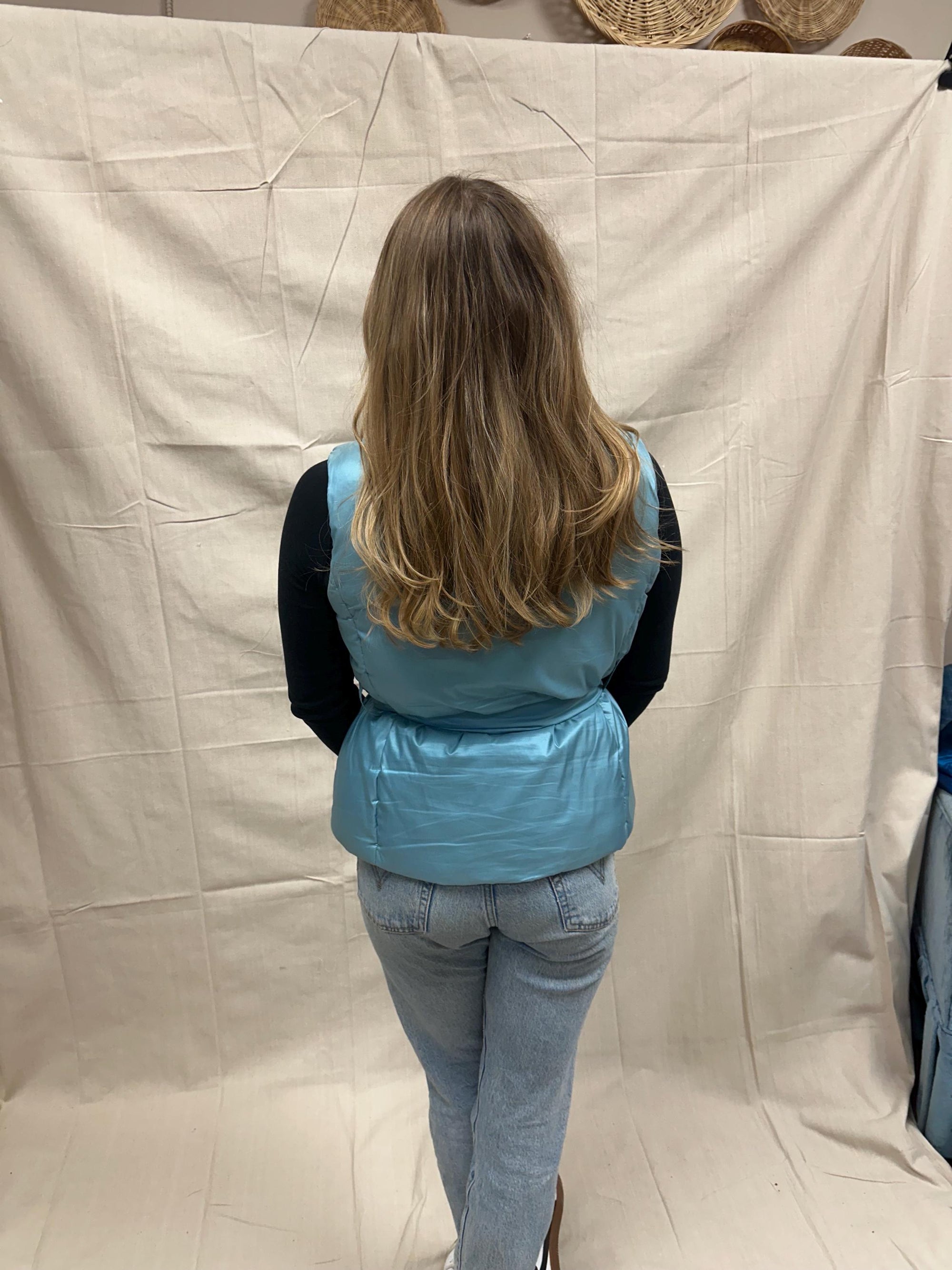 Vintage Merona Baby Blue Shimmer Puffer Vest Fitted Tie Waist High Neck Outerwear | Size Large