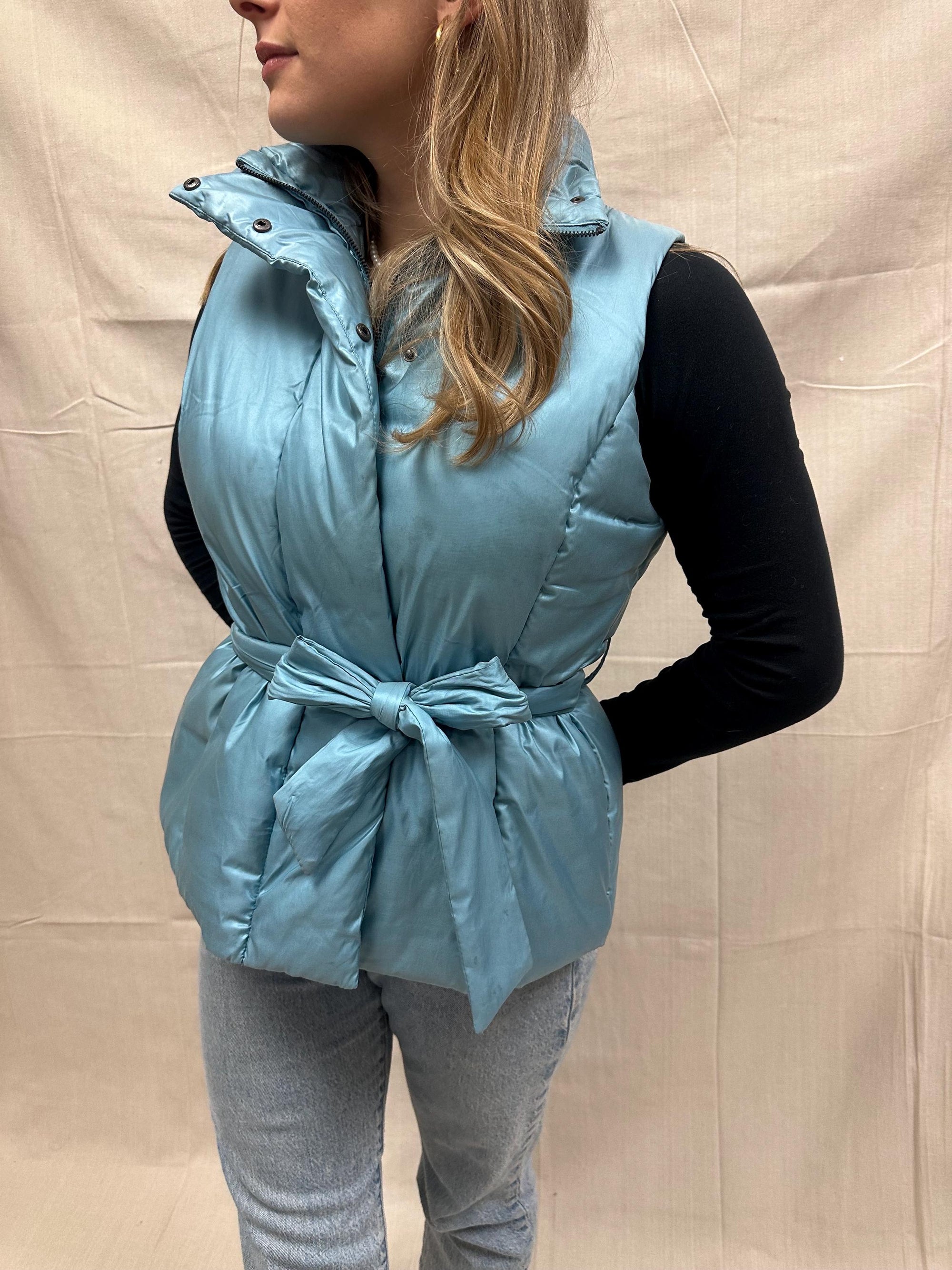 Vintage Merona Baby Blue Shimmer Puffer Vest Fitted Tie Waist High Neck Outerwear | Size Large