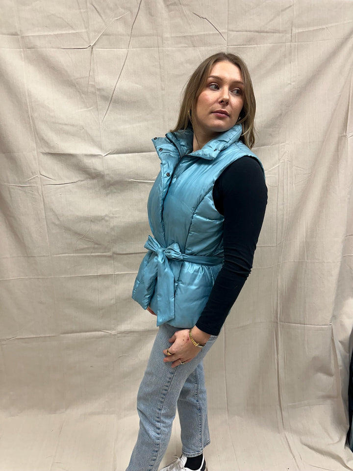 Vintage Merona Baby Blue Shimmer Puffer Vest Fitted Tie Waist High Neck Outerwear | Size Large
