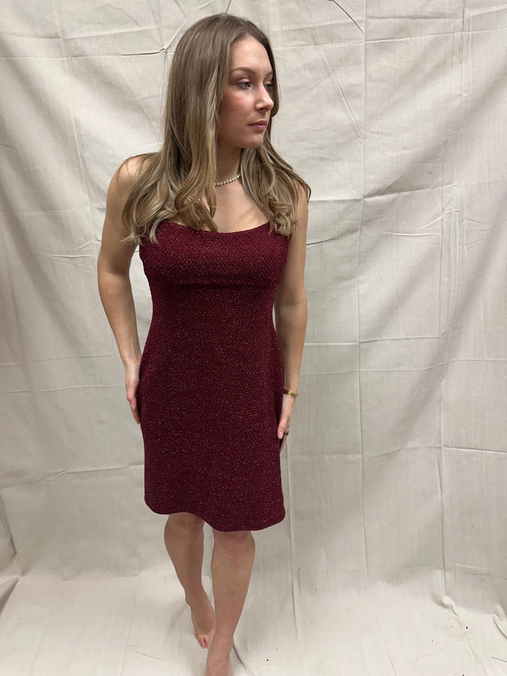 Vintage 90s Sparkly Strechy Burgundy Red Spaghetti Strap Dress | Size Large