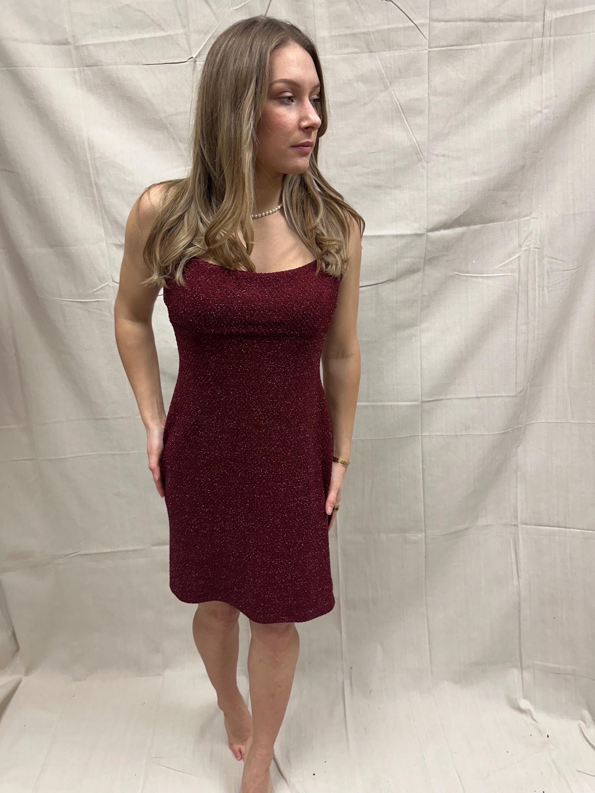 Vintage 90s Sparkly Strechy Burgundy Red Spaghetti Strap Dress | Size Large