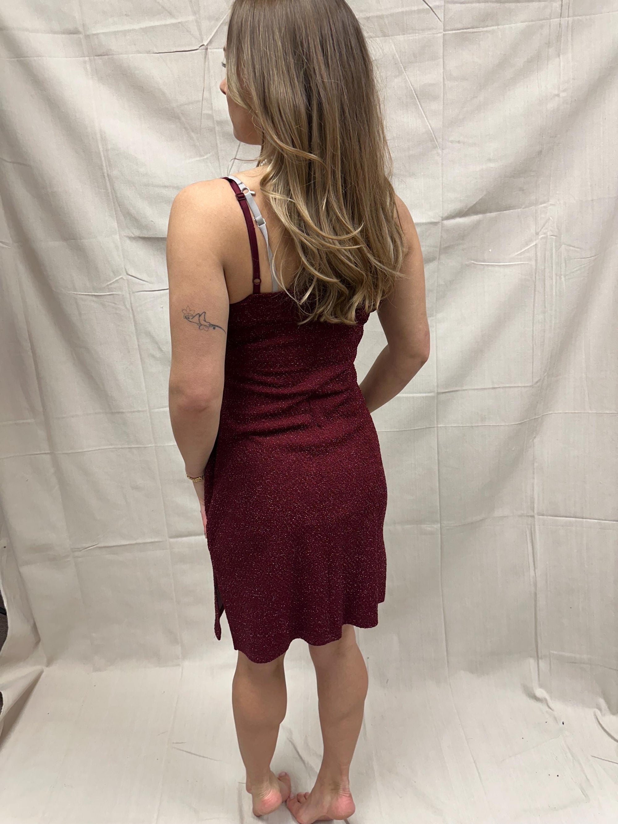 Vintage 90s Sparkly Strechy Burgundy Red Spaghetti Strap Dress | Size Large