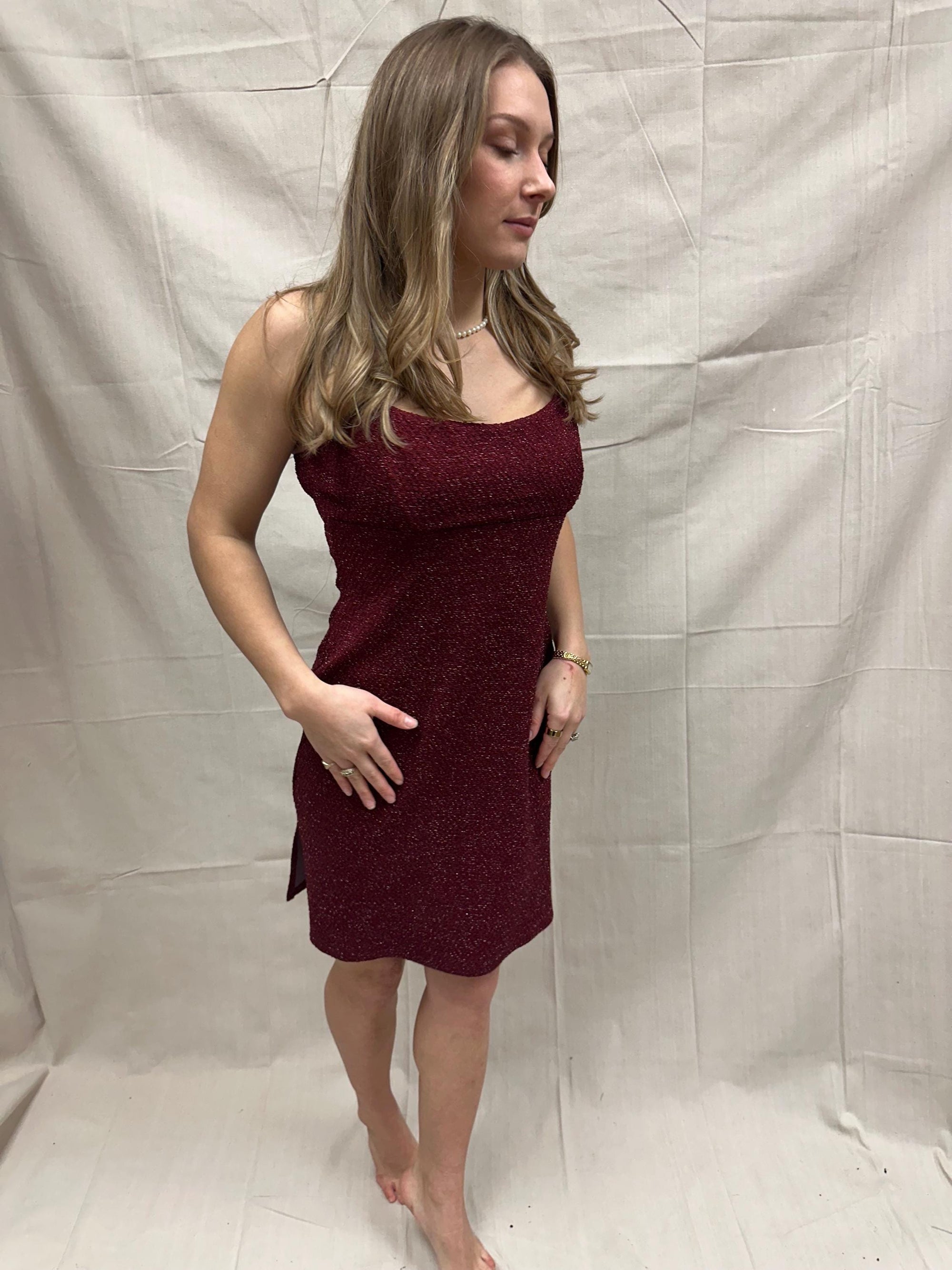 Vintage 90s Sparkly Strechy Burgundy Red Spaghetti Strap Dress | Size Large