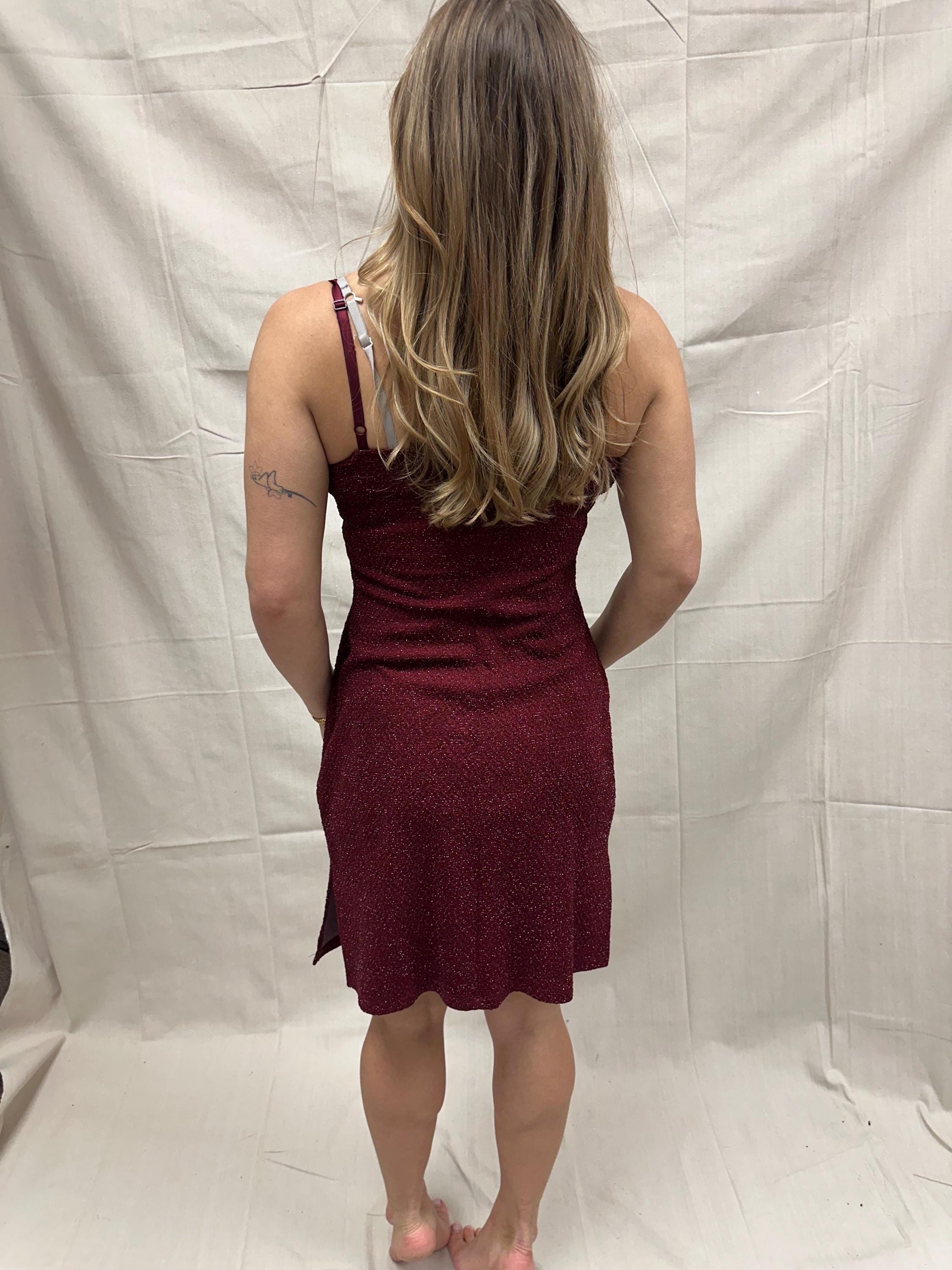 Vintage 90s Sparkly Strechy Burgundy Red Spaghetti Strap Dress | Size Large