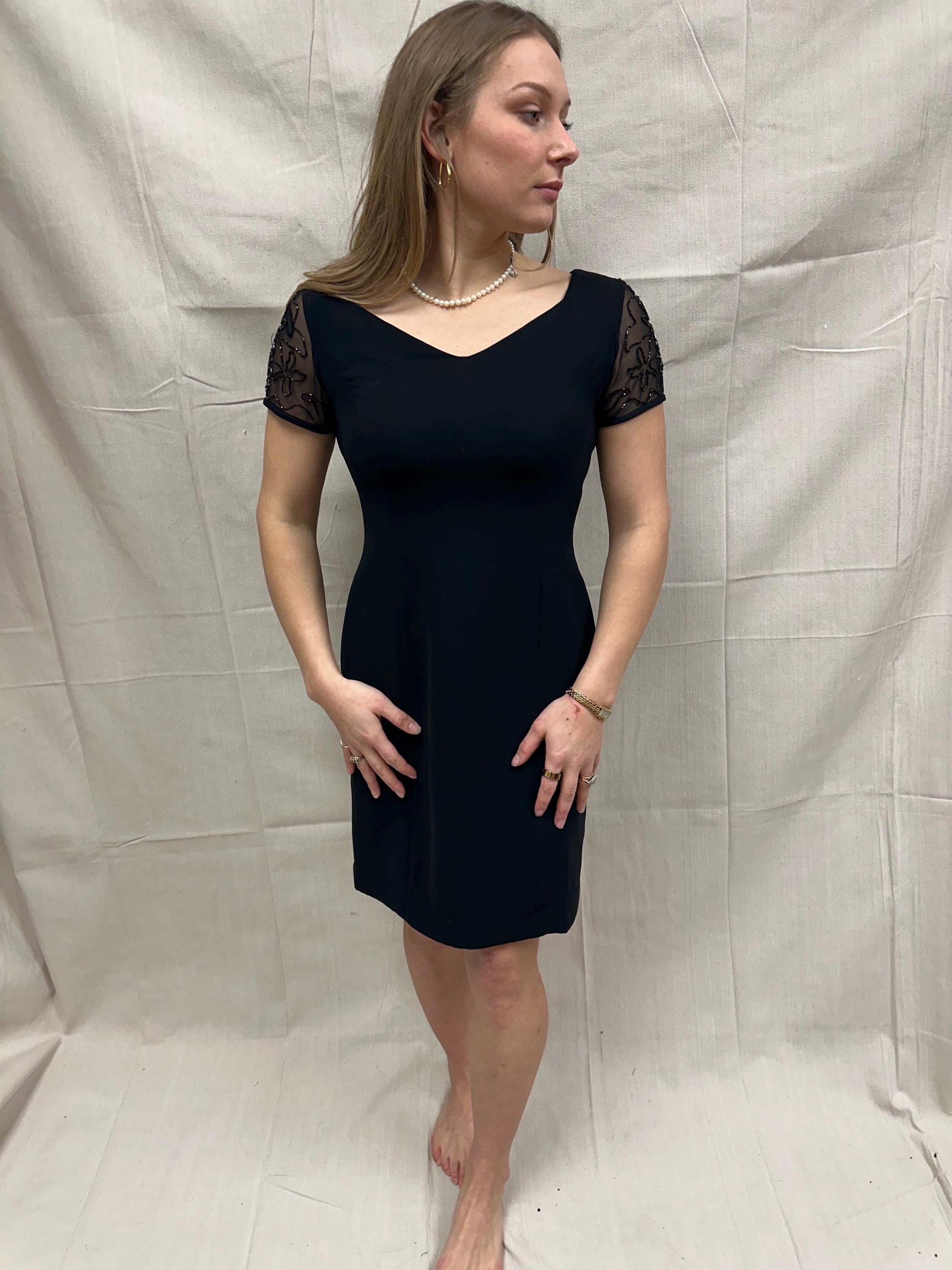 Vintage 90s David Warren NY Little Black Dress with Black Beaded Cap Sleeve Detail | Ladies Size 6