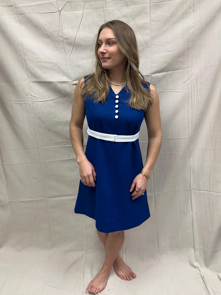 Vintage 1960s Blue Mod Mini Dress with White Trim | Size 6