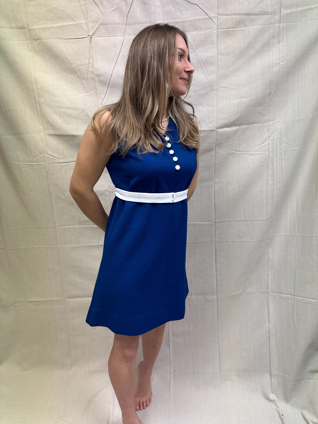Vintage 1960s Blue Mod Mini Dress with White Trim | Size 6