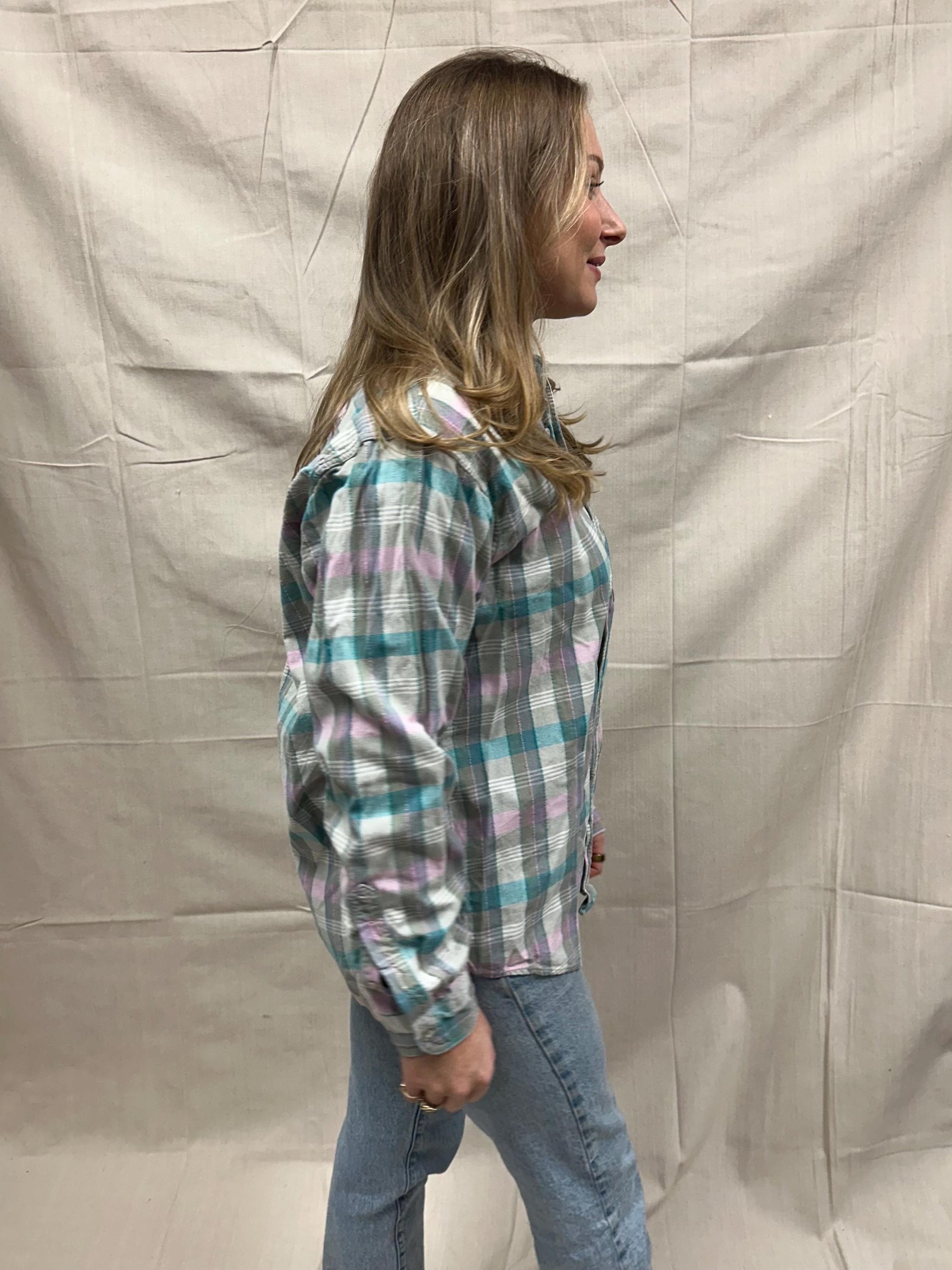Vintage 80s Pastel Cotton Plaid Button Up | Size Large