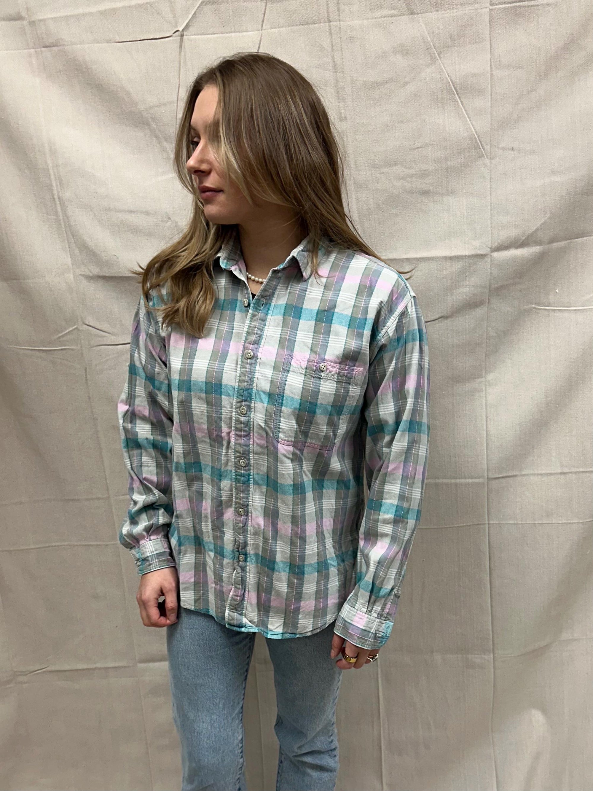 Vintage 80s Pastel Cotton Plaid Button Up | Size Large