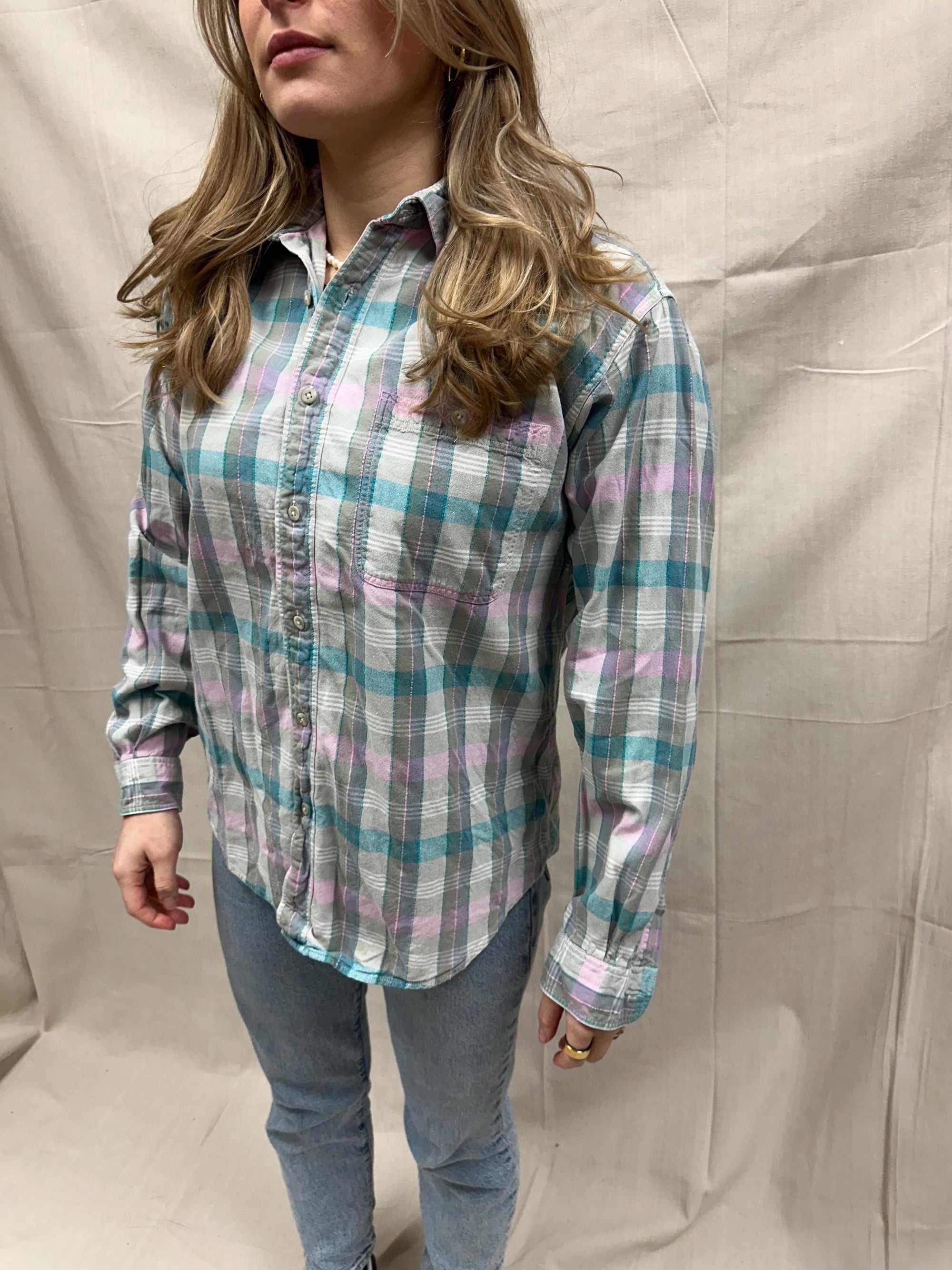 Vintage 80s Pastel Cotton Plaid Button Up | Size Large