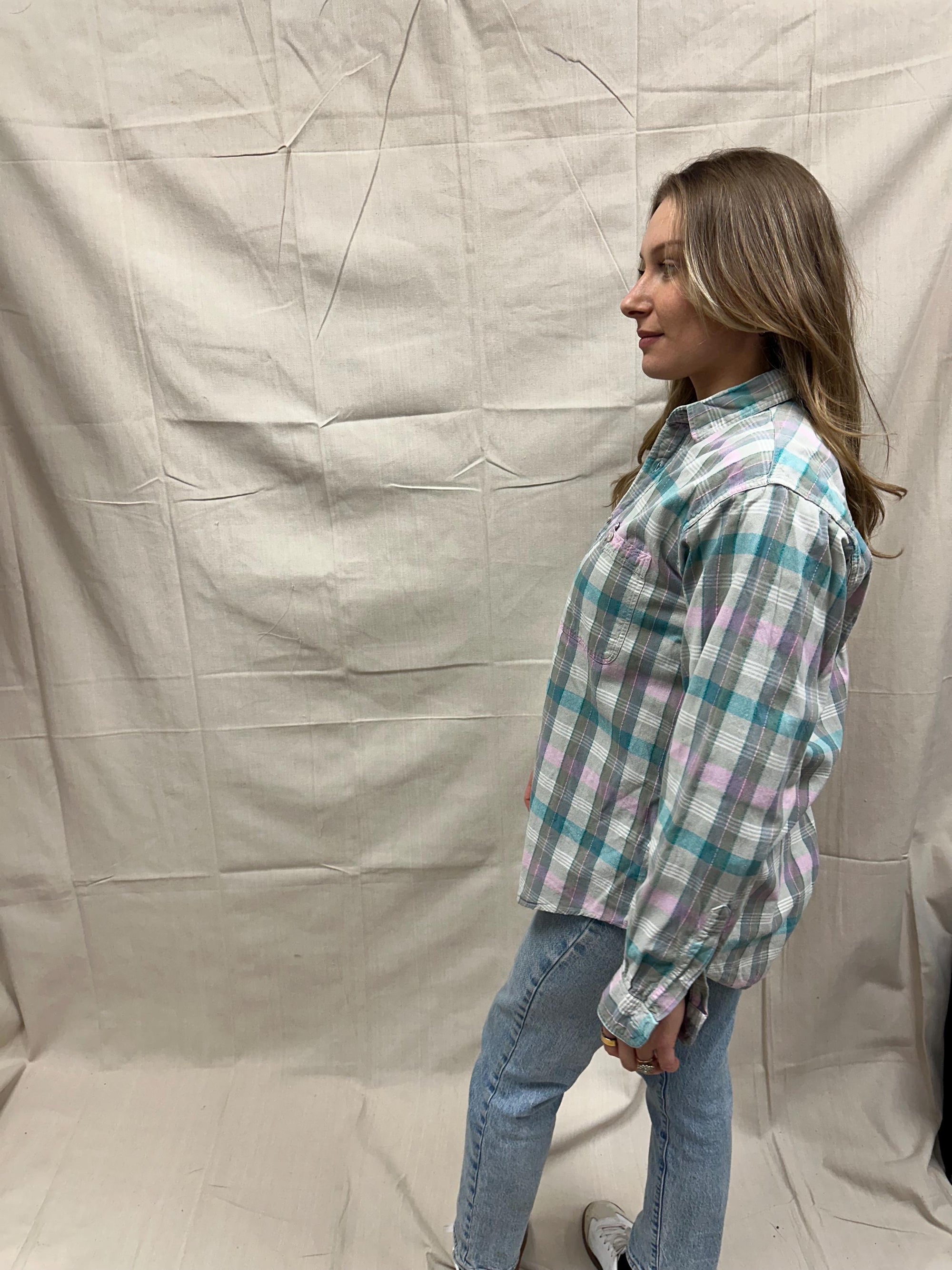 Vintage 80s Pastel Cotton Plaid Button Up | Size Large