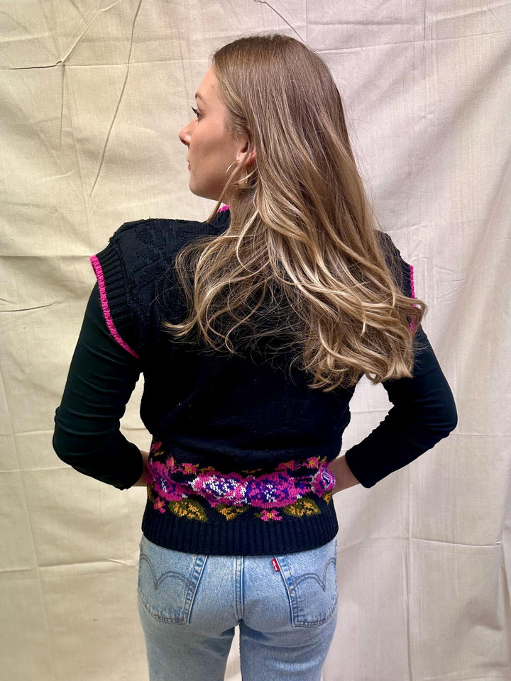 Vintage Black and Pink Pullover Vest with Flower Detail | Size Medium