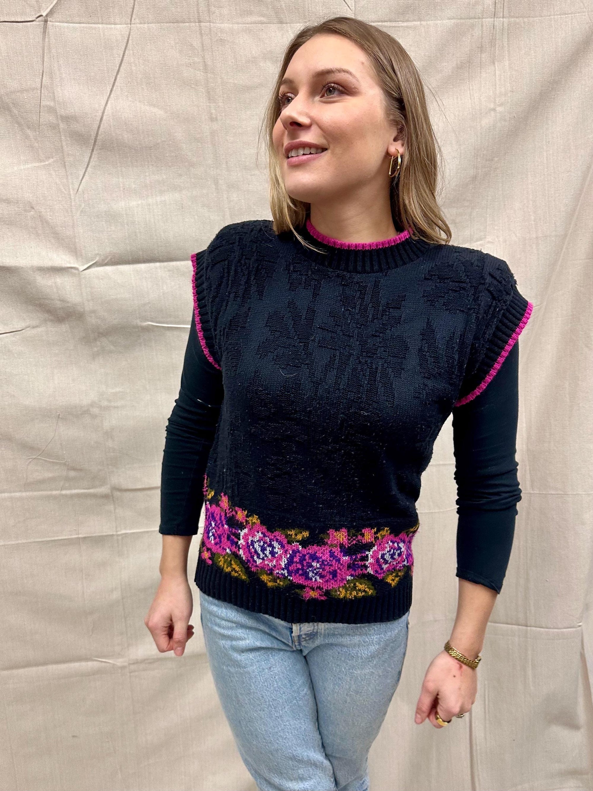 Vintage Black and Pink Pullover Vest with Flower Detail | Size Medium