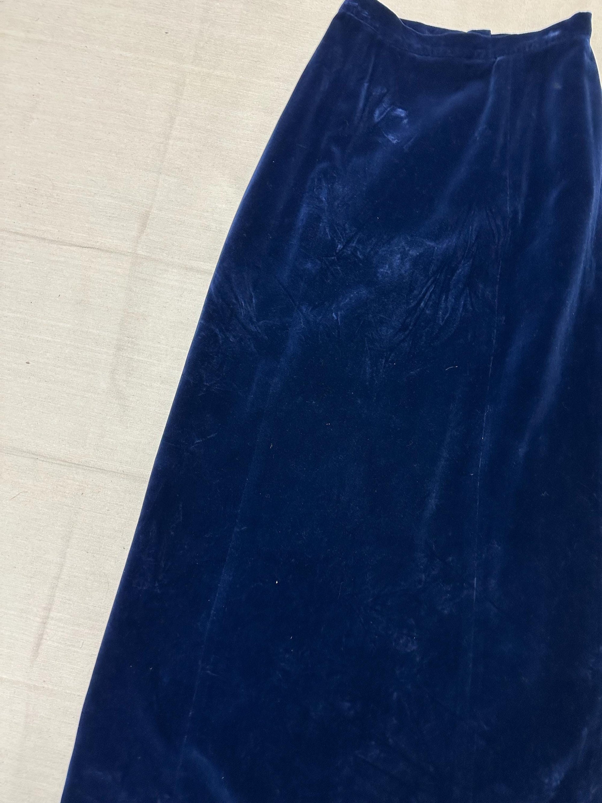 Vintage 60s Blue Velvet Handmade Long Maxi Skirt | Size Small | Zipper Closure