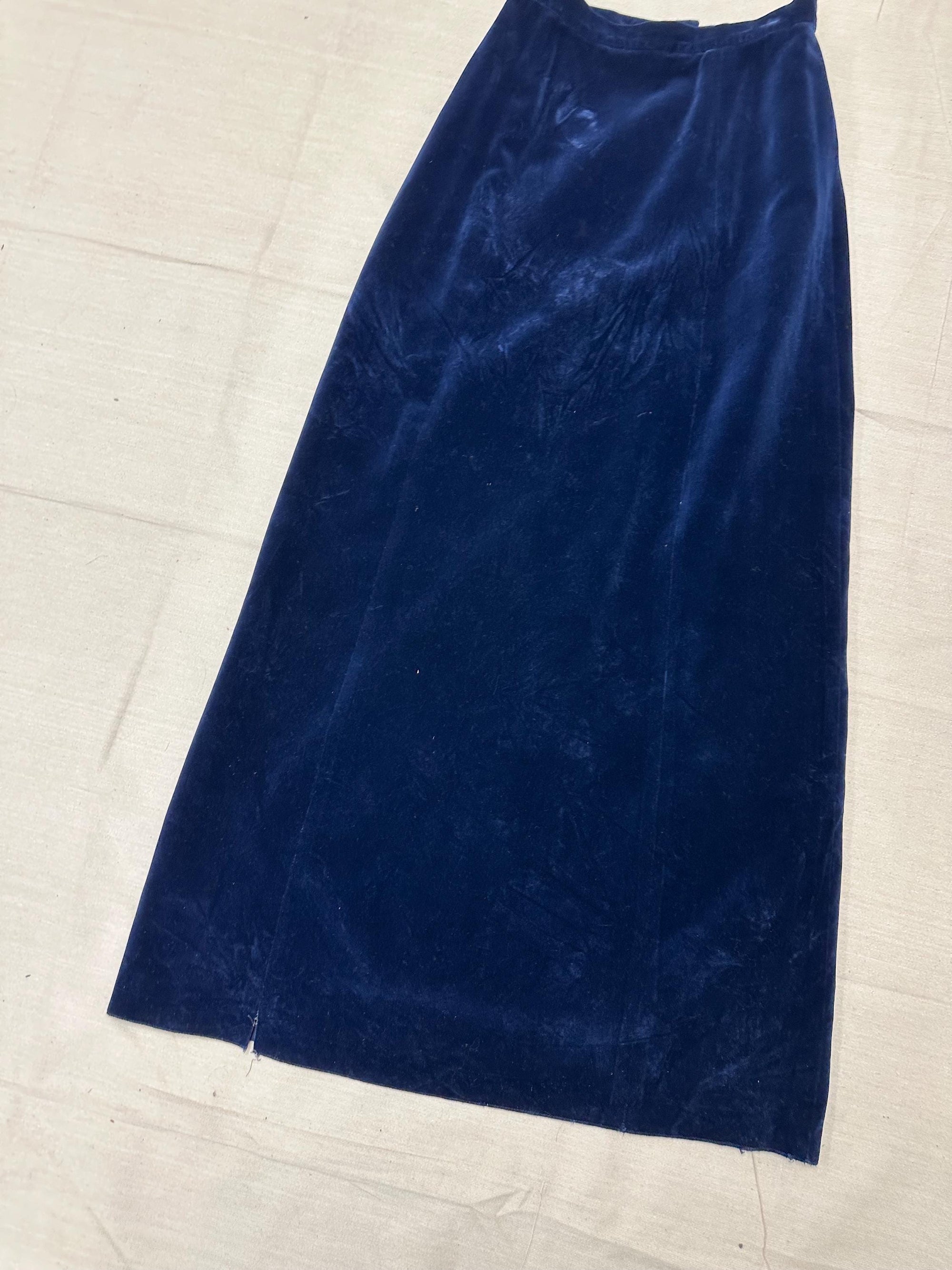 Vintage 60s Blue Velvet Handmade Long Maxi Skirt | Size Small | Zipper Closure