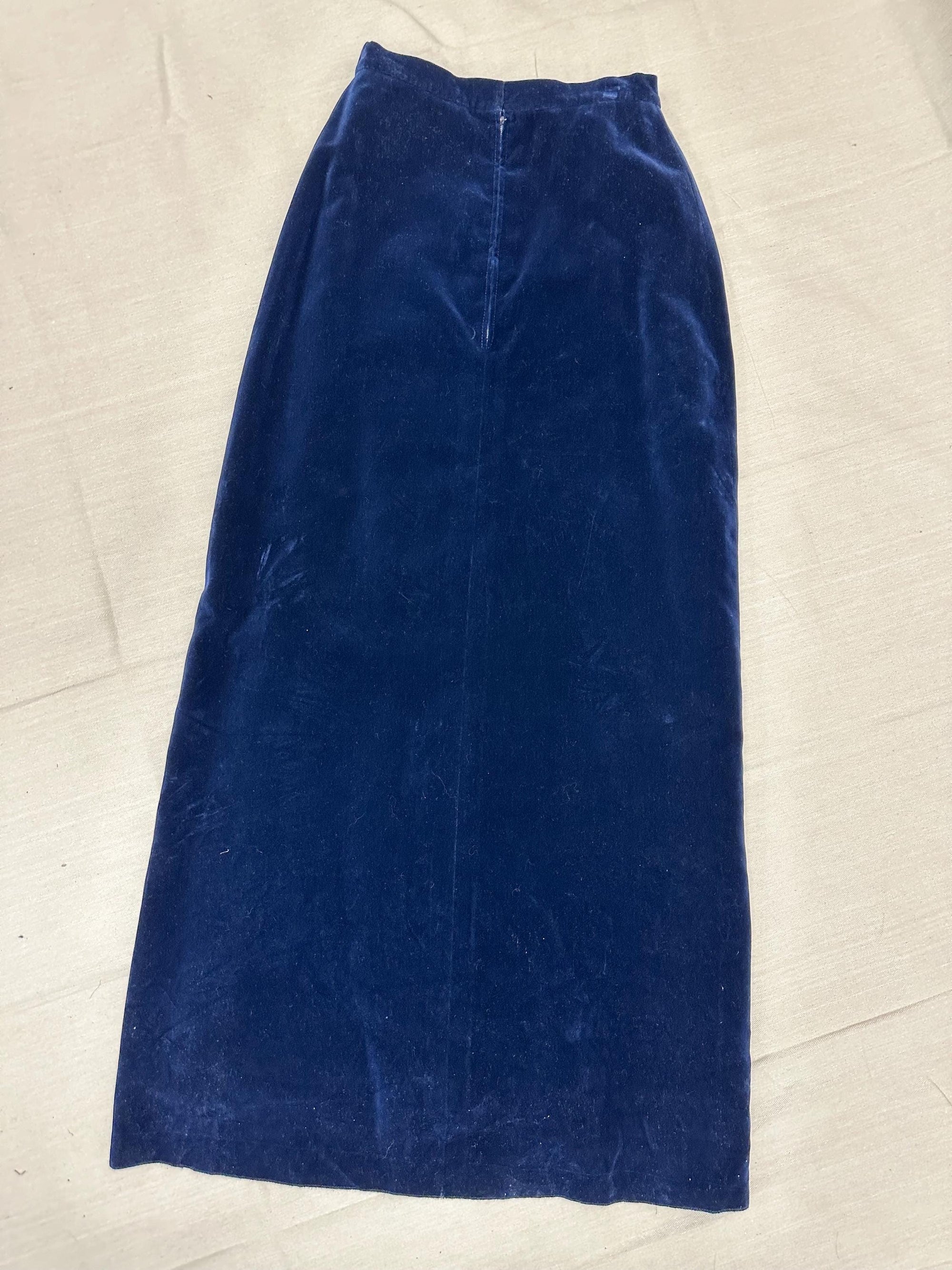 Vintage 60s Blue Velvet Handmade Long Maxi Skirt | Size Small | Zipper Closure