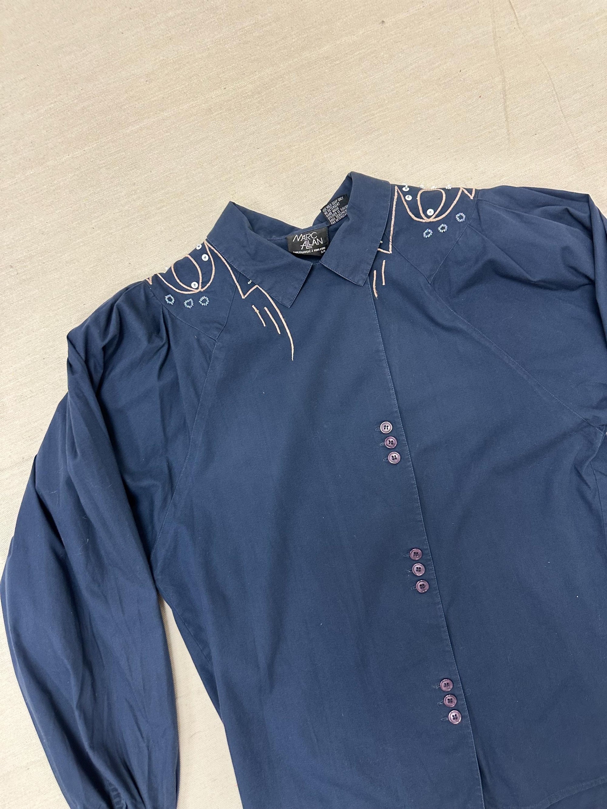 Vintage 80s Mark Allen Western Navy Embroidered Beaded Triple Button Up | Size Ladies Medium