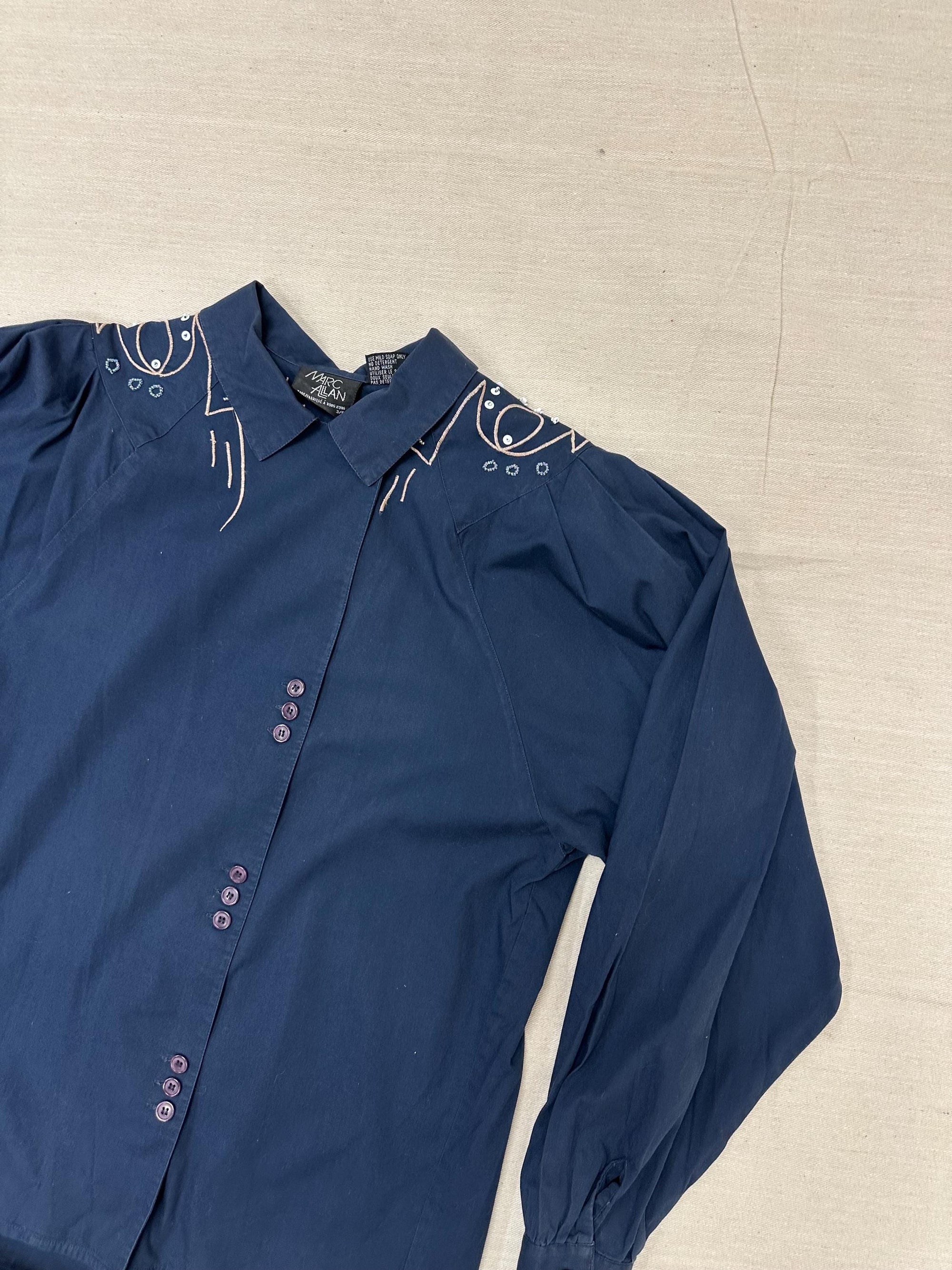 Vintage 80s Mark Allen Western Navy Embroidered Beaded Triple Button Up | Size Ladies Medium