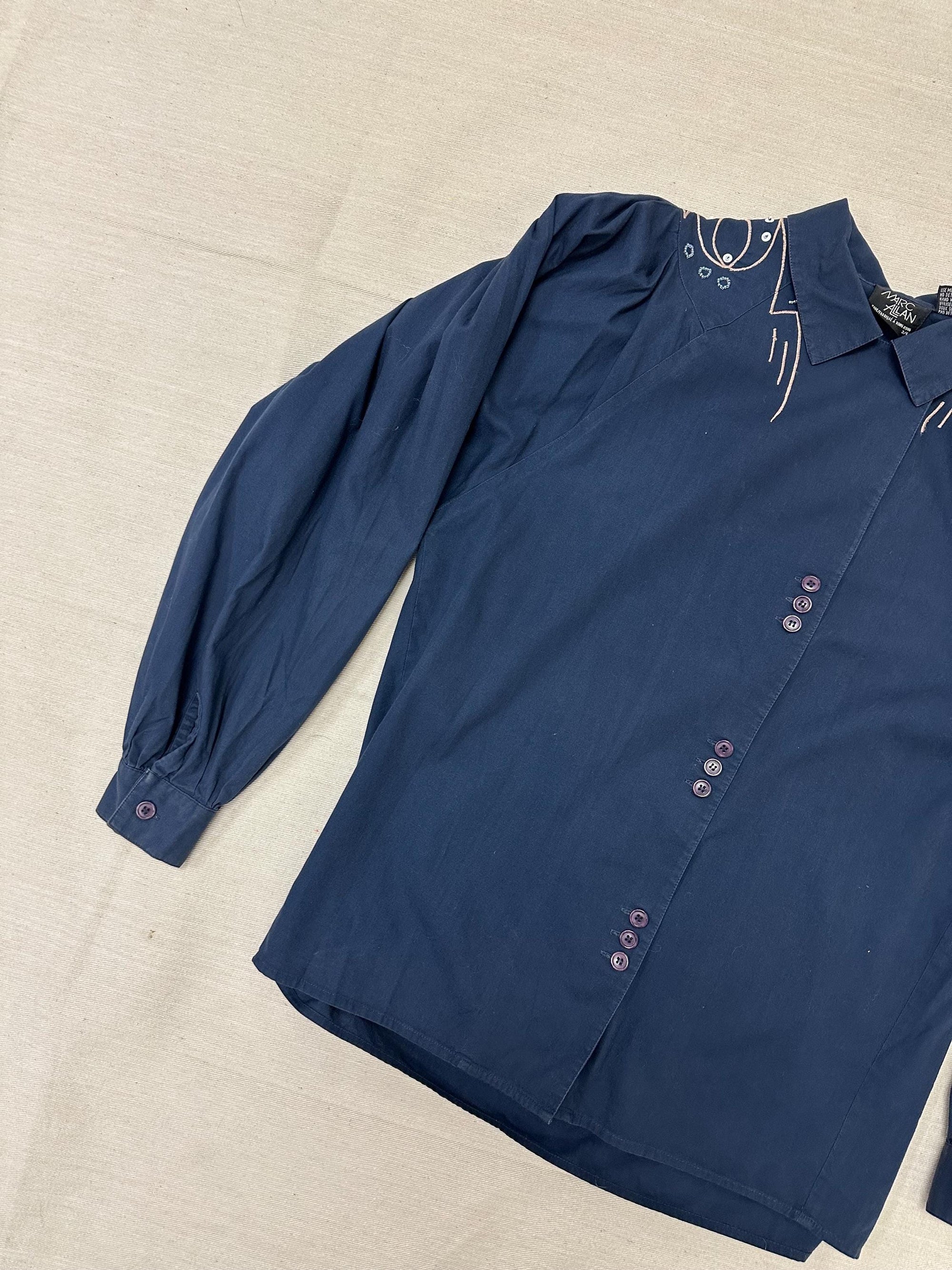 Vintage 80s Mark Allen Western Navy Embroidered Beaded Triple Button Up | Size Ladies Medium