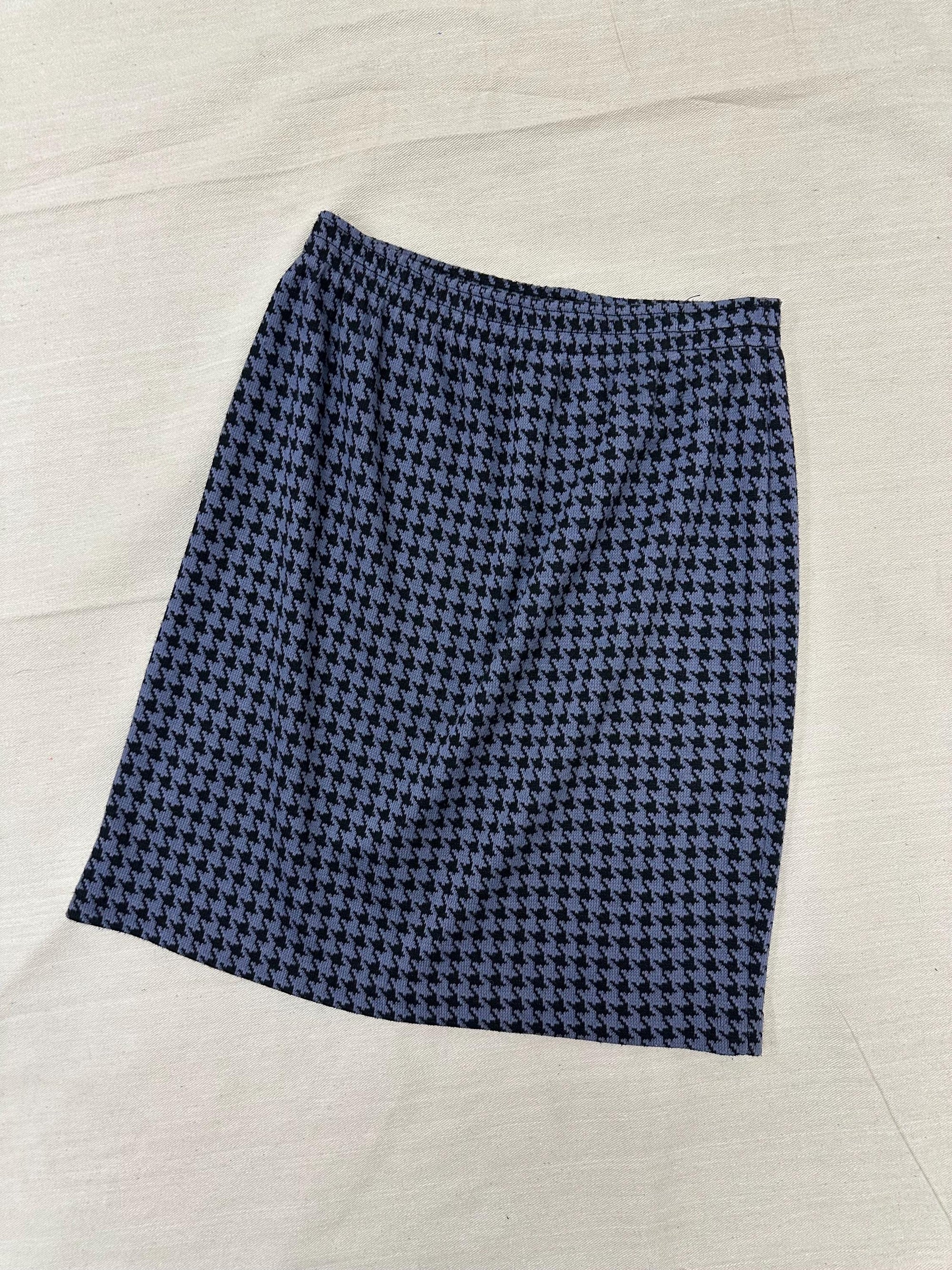 Vintage 80s Blue Houndstooth Cotton Strechy Comfy High Waisted Mini Skirt | Size Medium