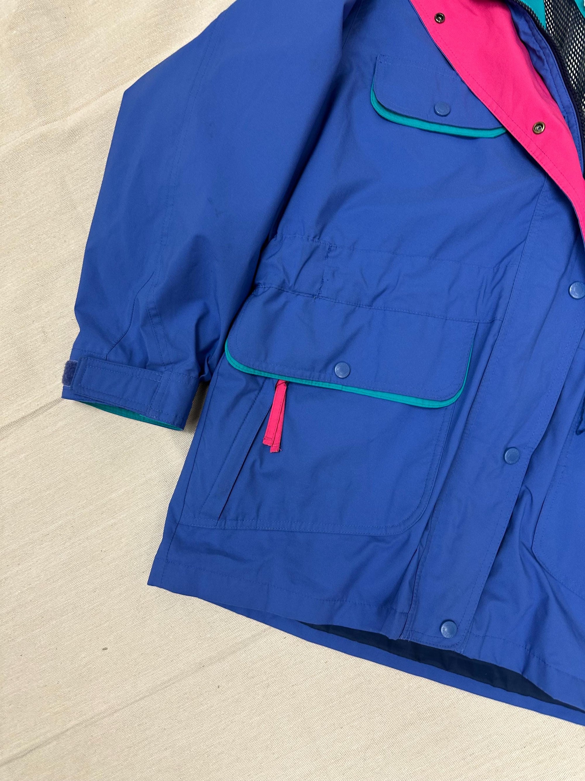 Vintage 90s Cabelas Neon Blue Pink Teal Retro Rain Jacket | Size Large