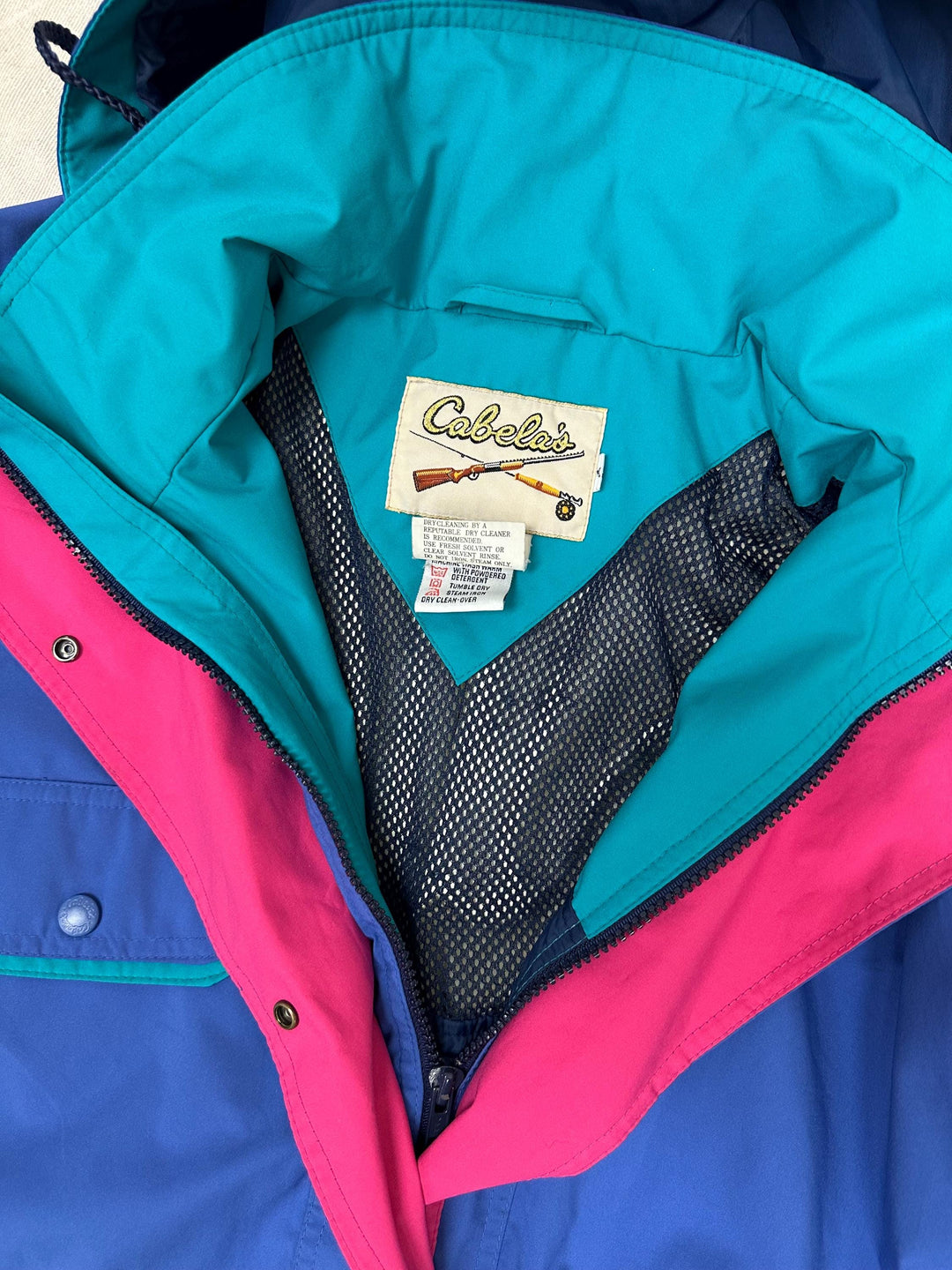 Vintage 90s Cabelas Neon Blue Pink Teal Retro Rain Jacket | Size Large