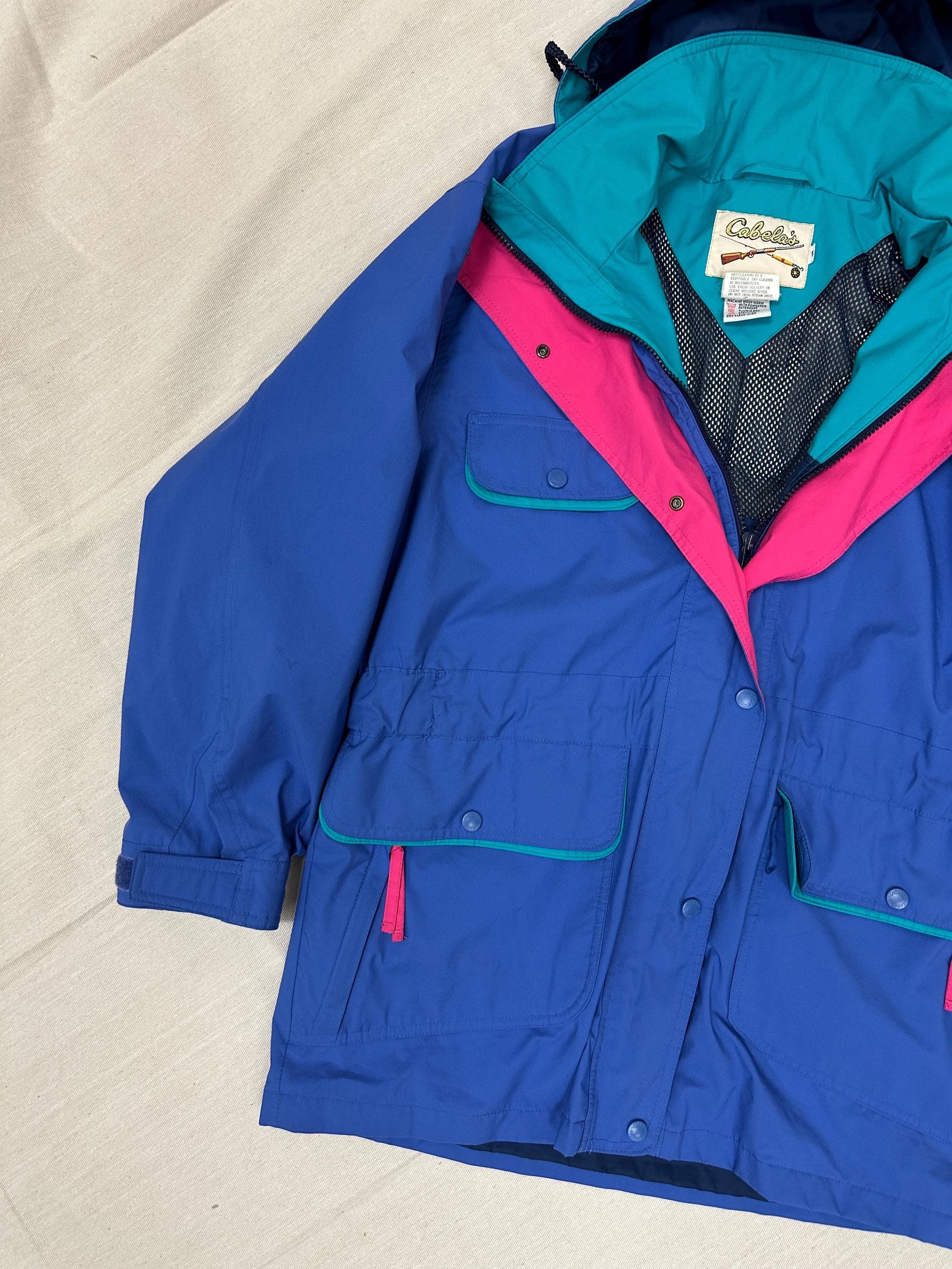 Vintage 90s Cabelas Neon Blue Pink Teal Retro Rain Jacket | Size Large