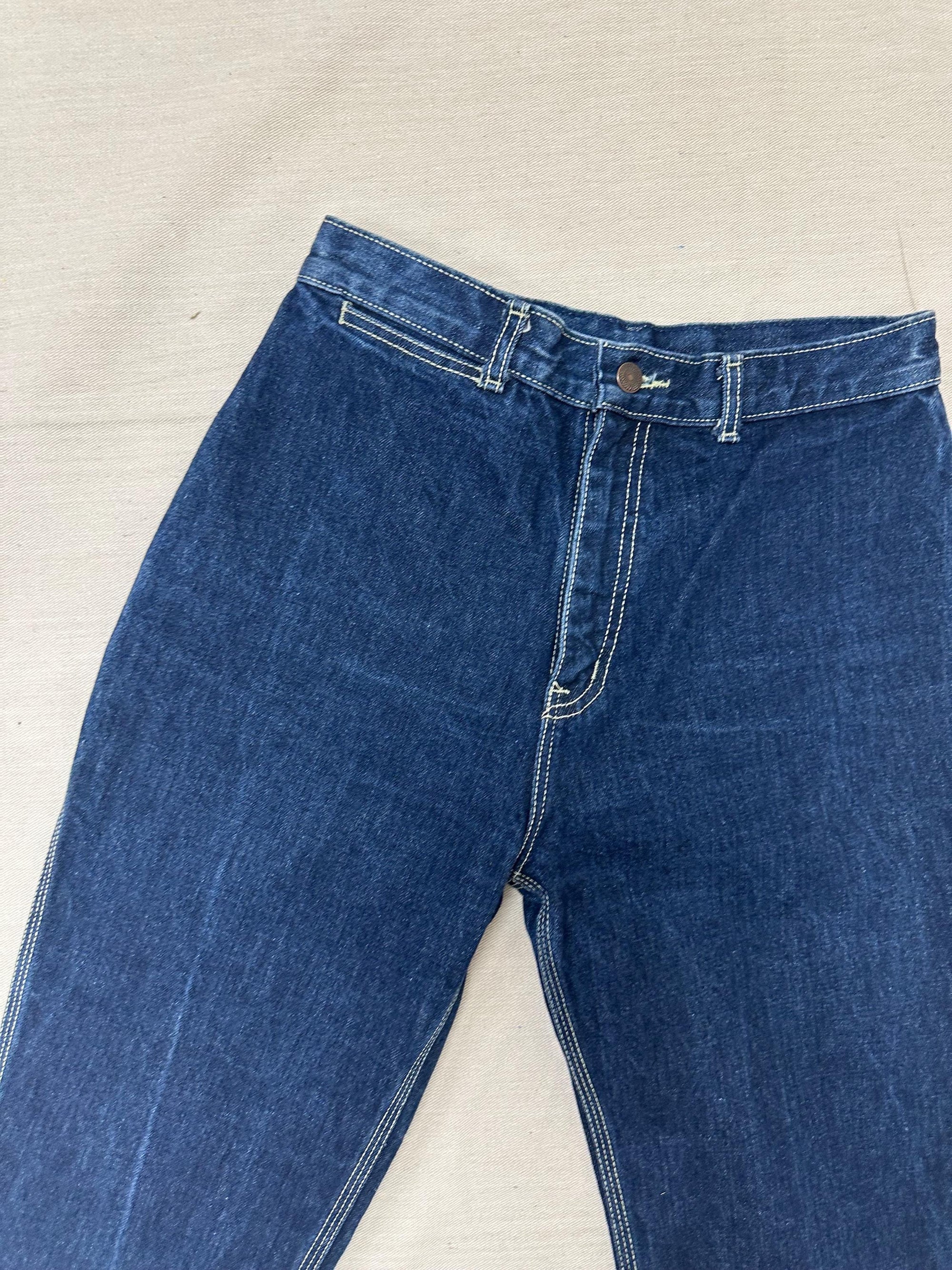Vintage 70s High Waisted Dark Wash Triple White Stitch Western Jeans | Size Medium