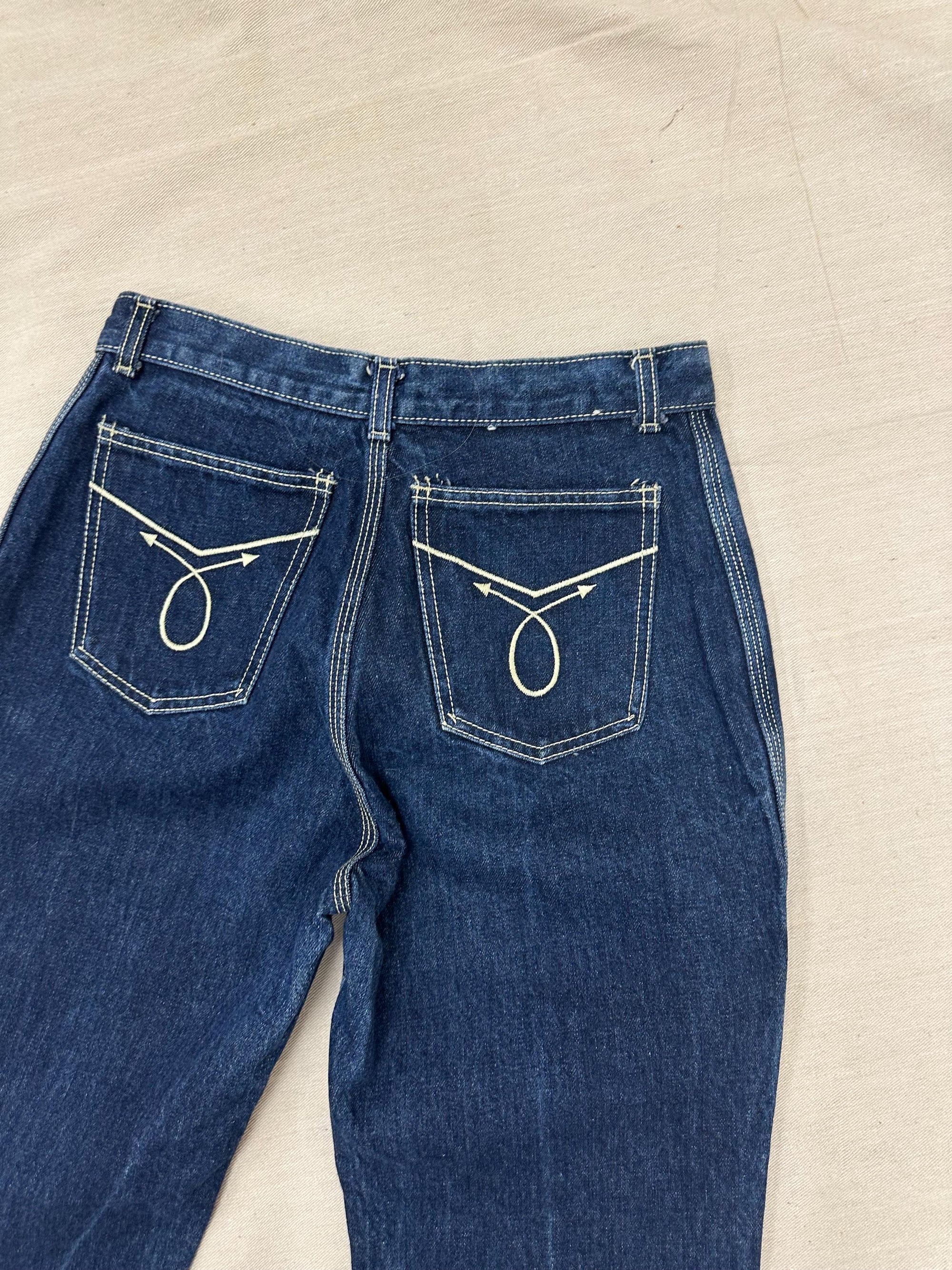 Vintage 70s High Waisted Dark Wash Triple White Stitch Western Jeans | Size Medium