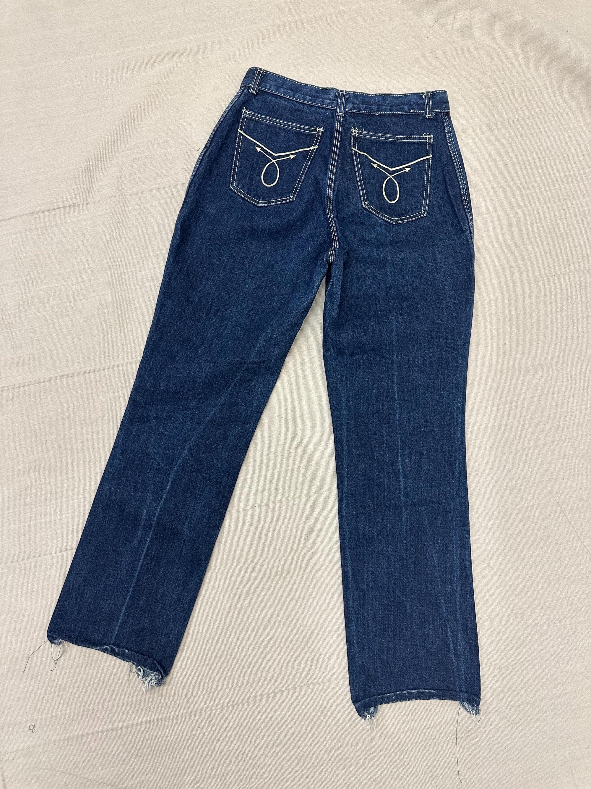 Vintage 70s High Waisted Dark Wash Triple White Stitch Western Jeans | Size Medium