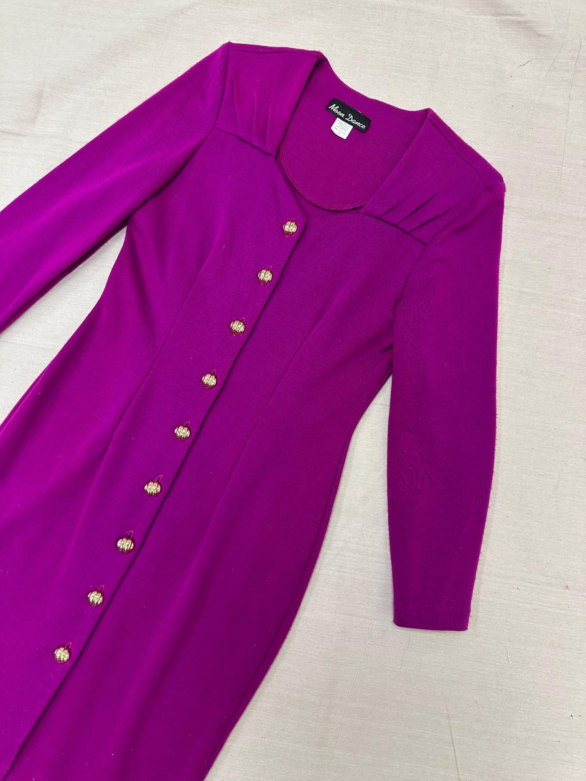 Vintage 80s Magenta Gold Button Up Bodycon Long Sleeve Dress | Size Large